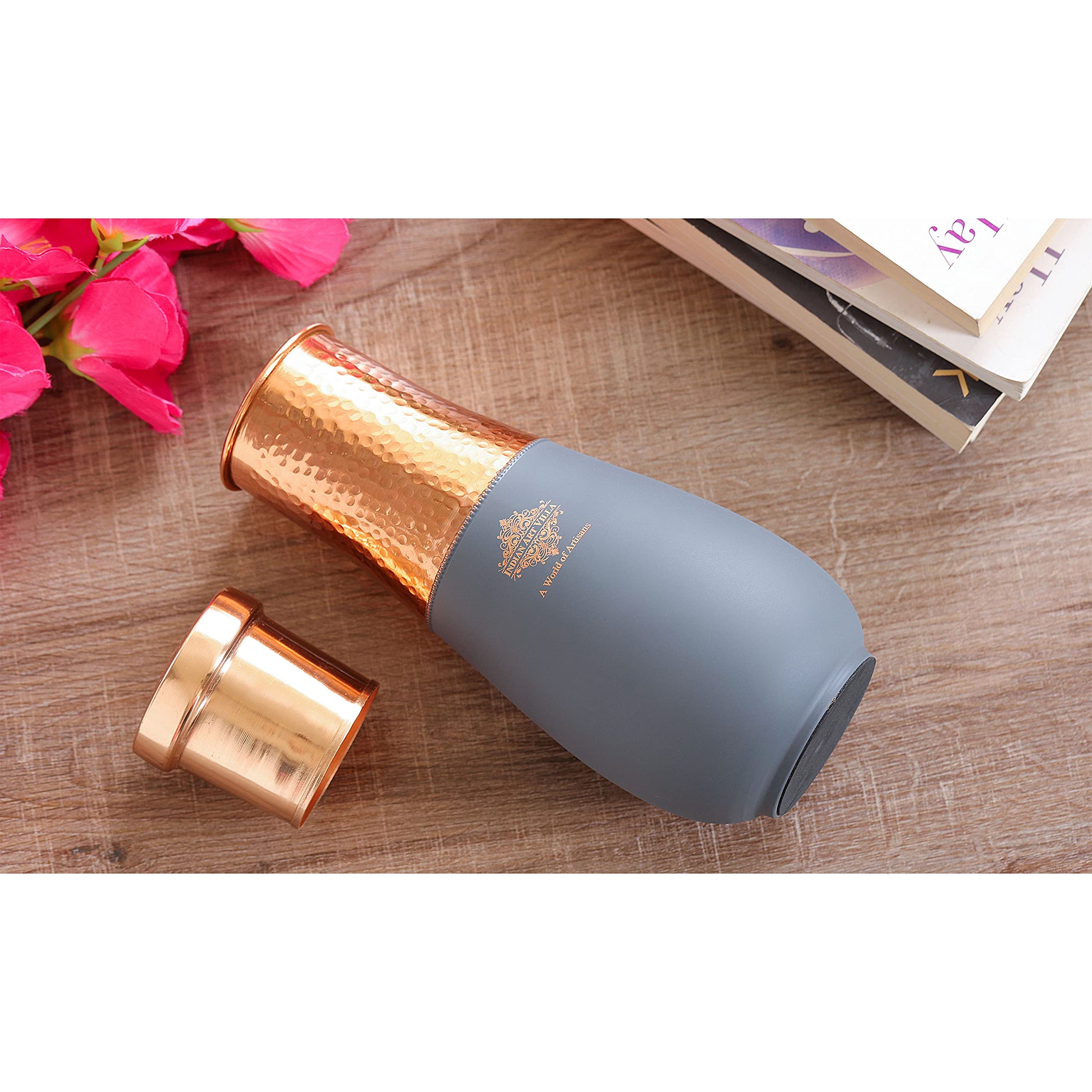INDIAN ART VILLA Pure Copper Bedroom Water Bottle, Vase Design Half Gray Silk Half Hammered Finish - Volume 1425 ml (Pack of 1) 6