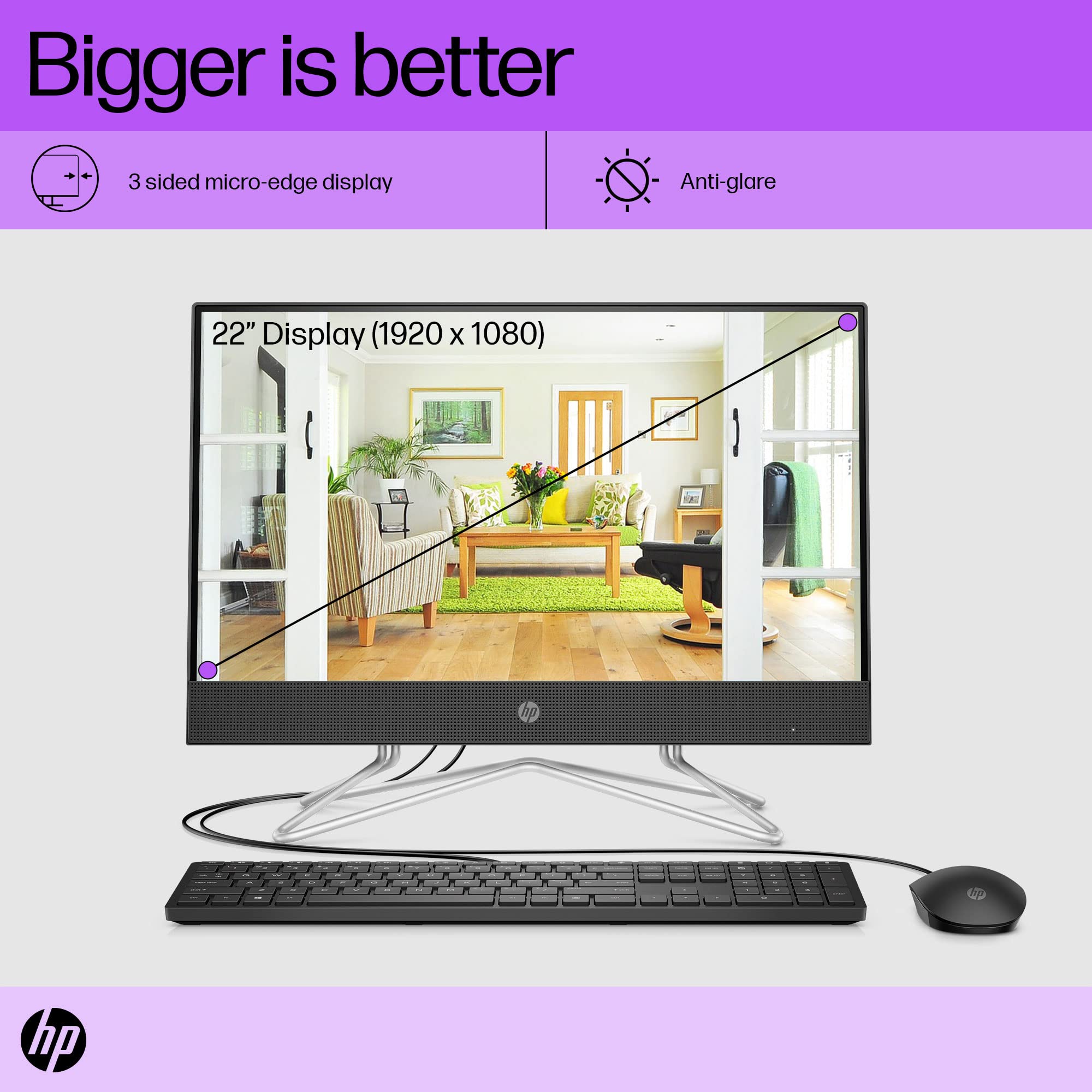 HP AIO AMD Ryzen 3-3250U-54.6cm(21.5 inch) FHD,VA, 3-Sided Micro-Edge, Anti-Glare Display/4GB RAM/1TB HDD/Wired Keyboard & Mouse/Dual Speakers/AMD Radeon Graphics/Win 11/MSO 2021/5.7Kg, 22-dd0401in 2