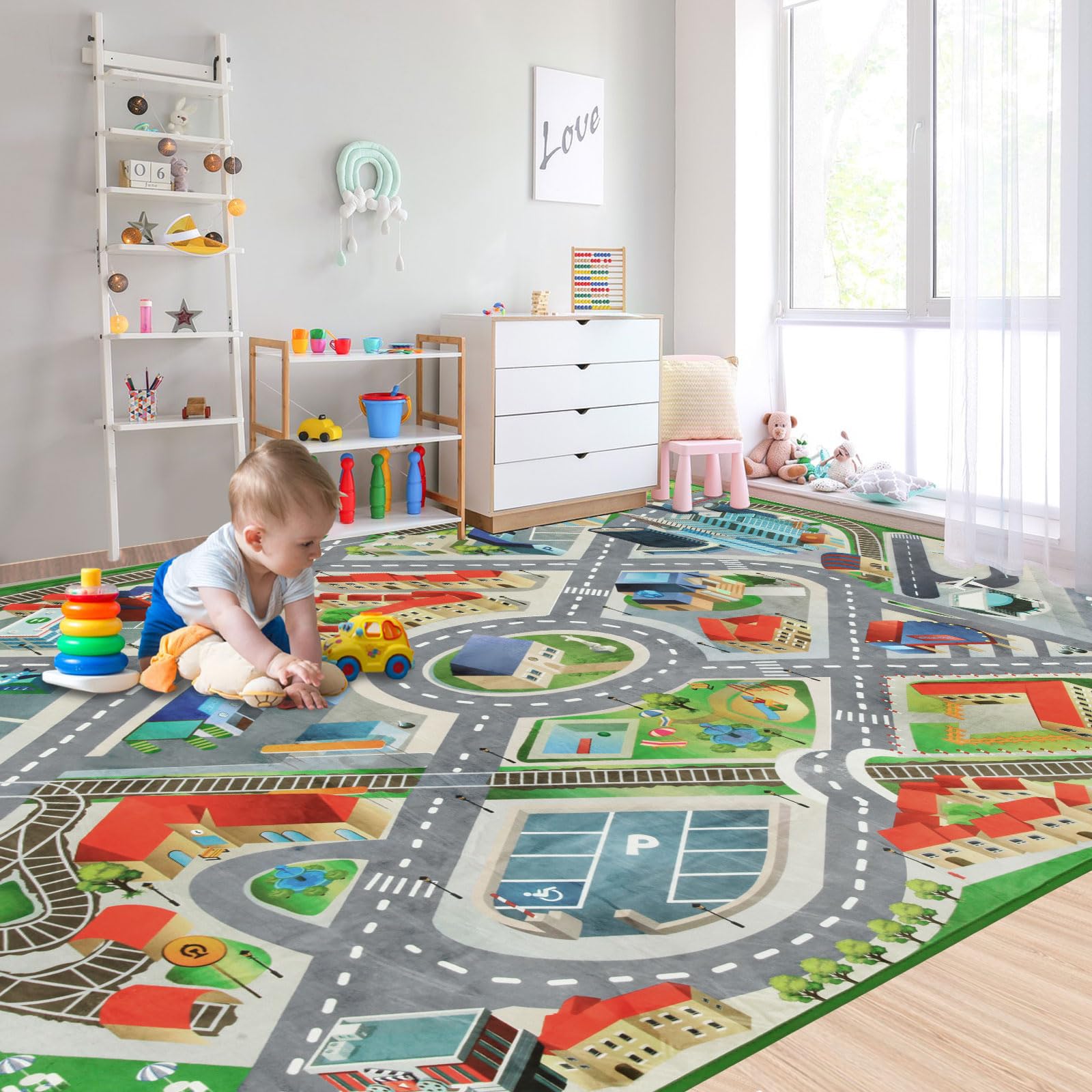 JinKune Kids Rug Playmat Carpet 4'x5.9 Grey, Non Slip Kids Rug for Playroom, Bedroom Boys, Kids Car Rug Play Mat, Road Train Track Rug 1