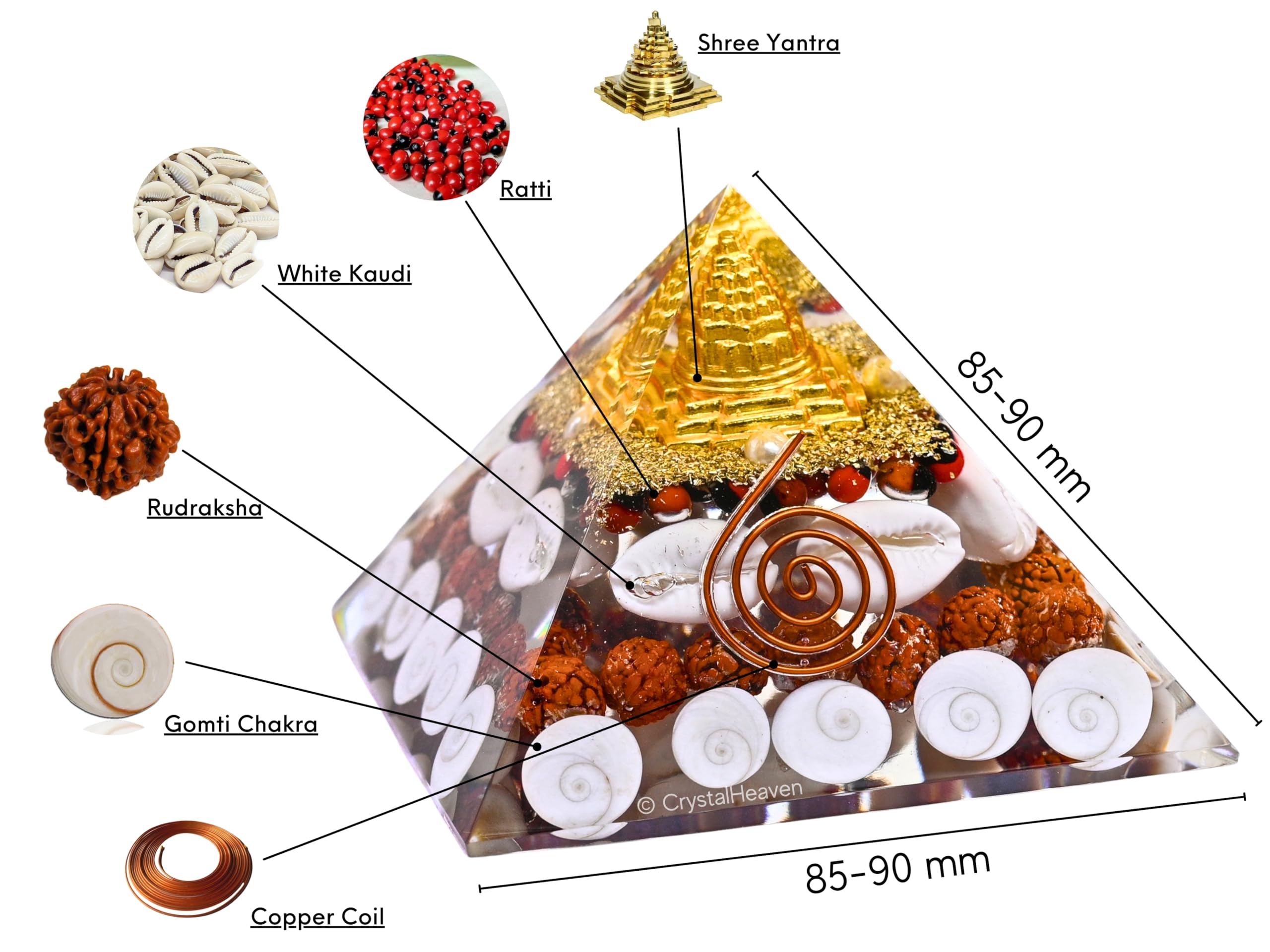 Laxmi Pyramid Original Certified Gomati Chakra, Rudraksha, Cowrie Kodi Maha Laxmi Pyramid - 90mm Large Orgonite Pyramid with Shree Yantra - Pooja Vastu Items for Home for Good Luck, Money & Wealth 4