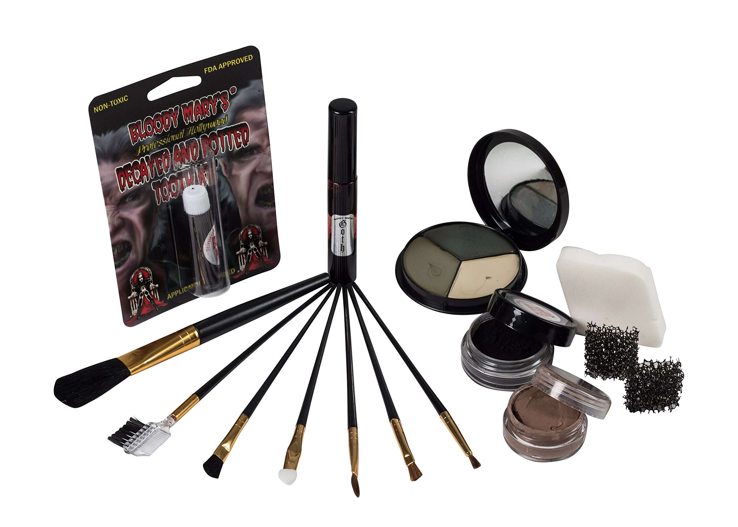 The Aftermath Zombie Starter Makeup Kit By Bloody Mary - Professional Special Effects Supplies - Tri Color Foundation Wheel, Eyeshadow, Tooth Decay, Rotted Teeth, FX Blood, Eyeliner, Sponges, Brushes 3