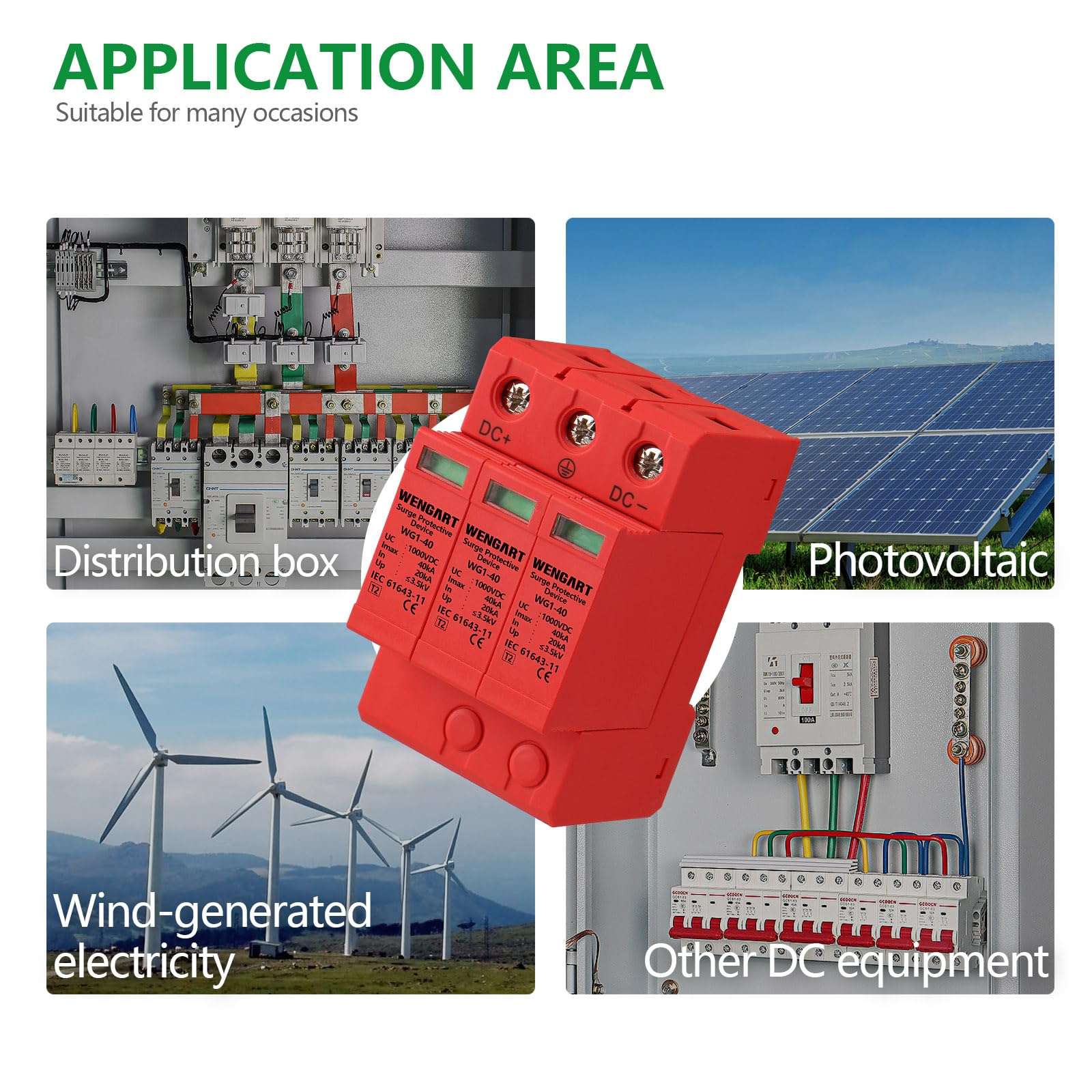 Wengart Surge Protective Arrester Device,DC1000V 3P 20~40kA 36mm DIN Rail Mount,Low Voltage Arrester Device for Lightning Protection Power Distribution and Control Appliances 5