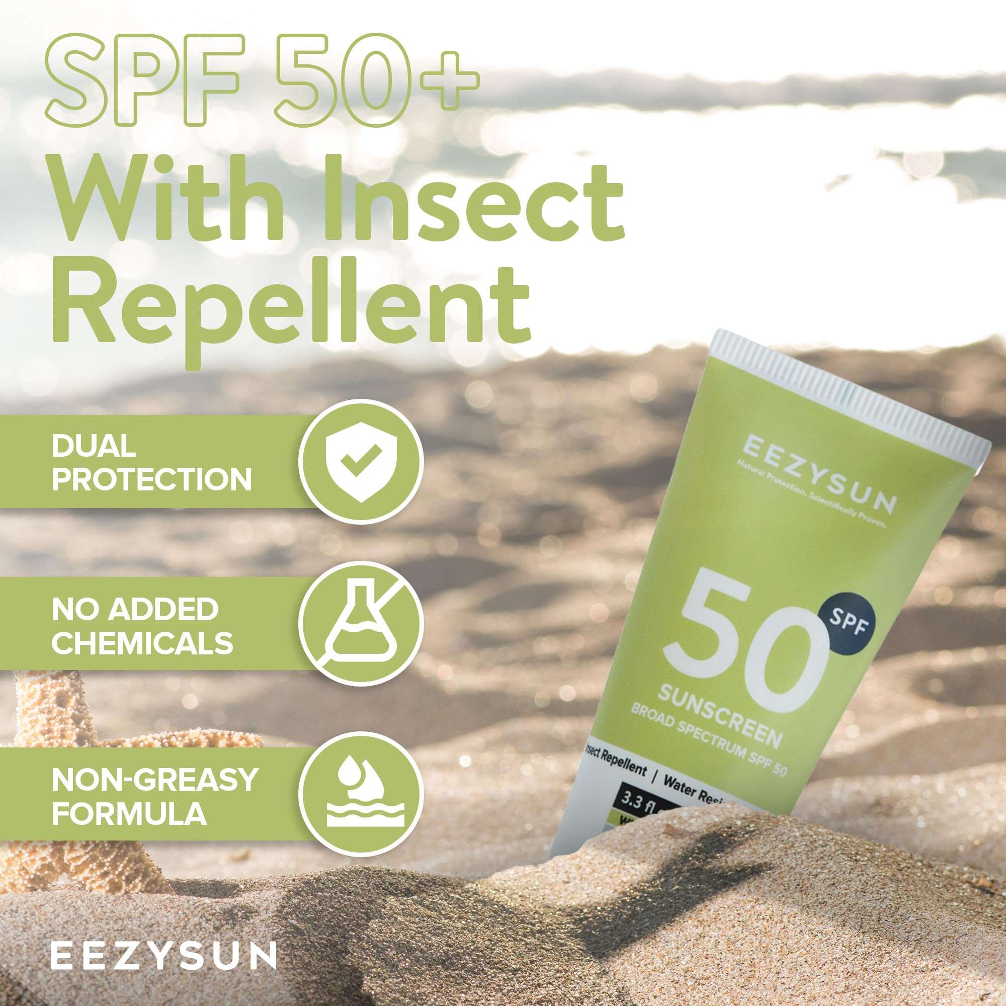 EEZYSUN SPF 50 Sunscreen and Insect Repellent - Water-Resistant Sunscreen Travel Size & Bug Repellent with Citronella Oil, Lemongrass, and Neem Oil - Reef-Safe Bug Repellent Outdoor - 3.3 fl oz 4