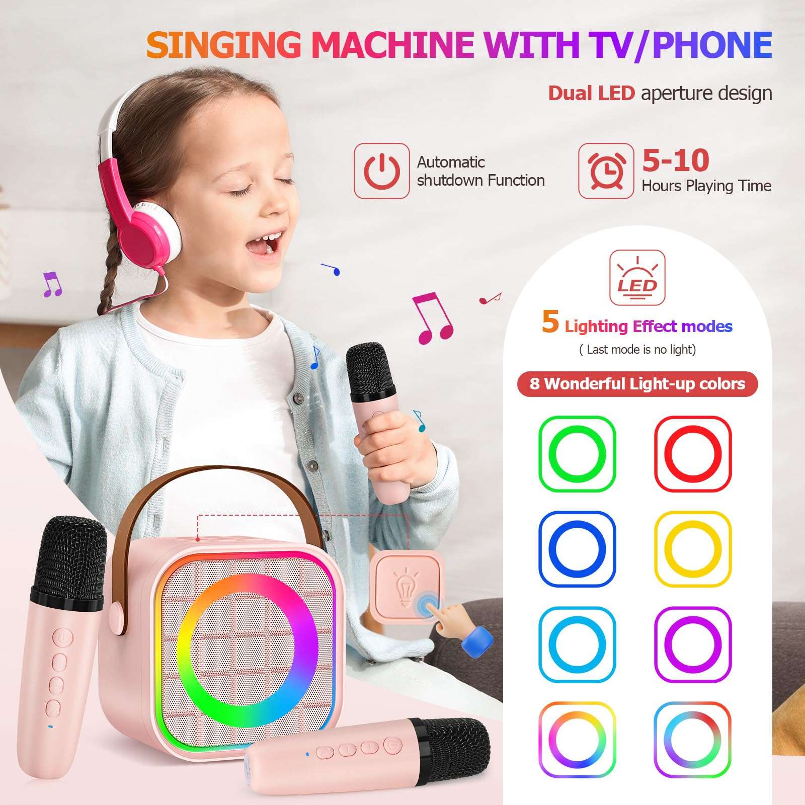 YLYYCC Mini Karaoke Machine with 2 Wireless Microphone, Portable Pink Bluetooth Speaker for Kids Adult, Birthday Teen Toys Gifts Ideas for Girls Ages 4 5 6 7 8 9 10 11 12+ Year Old, Family Home Party 4