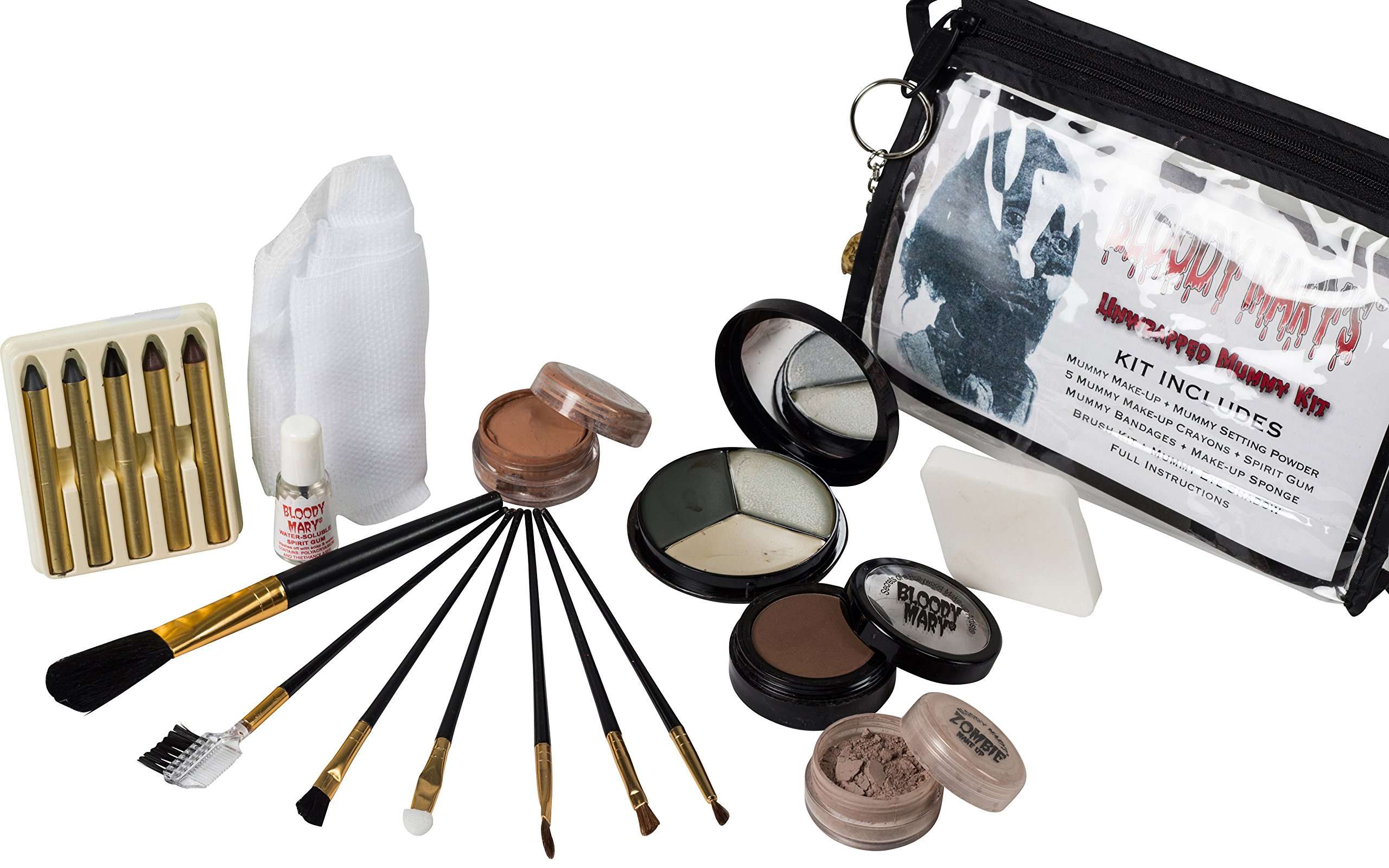 Unwrapped Mummy Makeup Kit By Bloody Mary - Special Effects Set Ideal For Halloween Costumes - Face Powder, Crayons, Eye Shadow, 4 Brushes, Spirit Gum, Bandages & Sponge Included 1