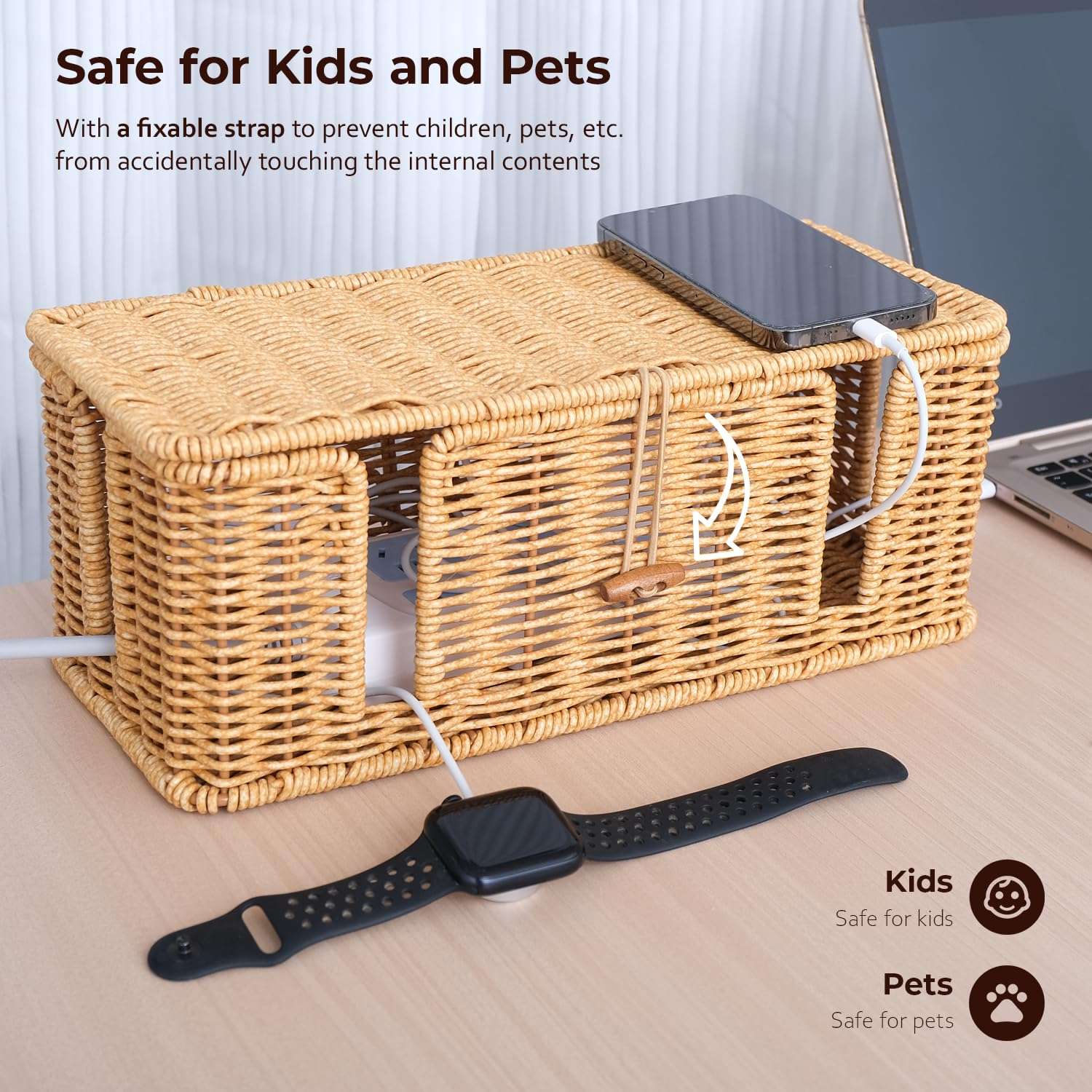 Limogoo Cable Management Box, 4 Open Slots Cords Hider with Lid and Fixable Strap, Imitation Rattan Organizer for TV Wires, Computer Router, USB Hub, Power Strip 4