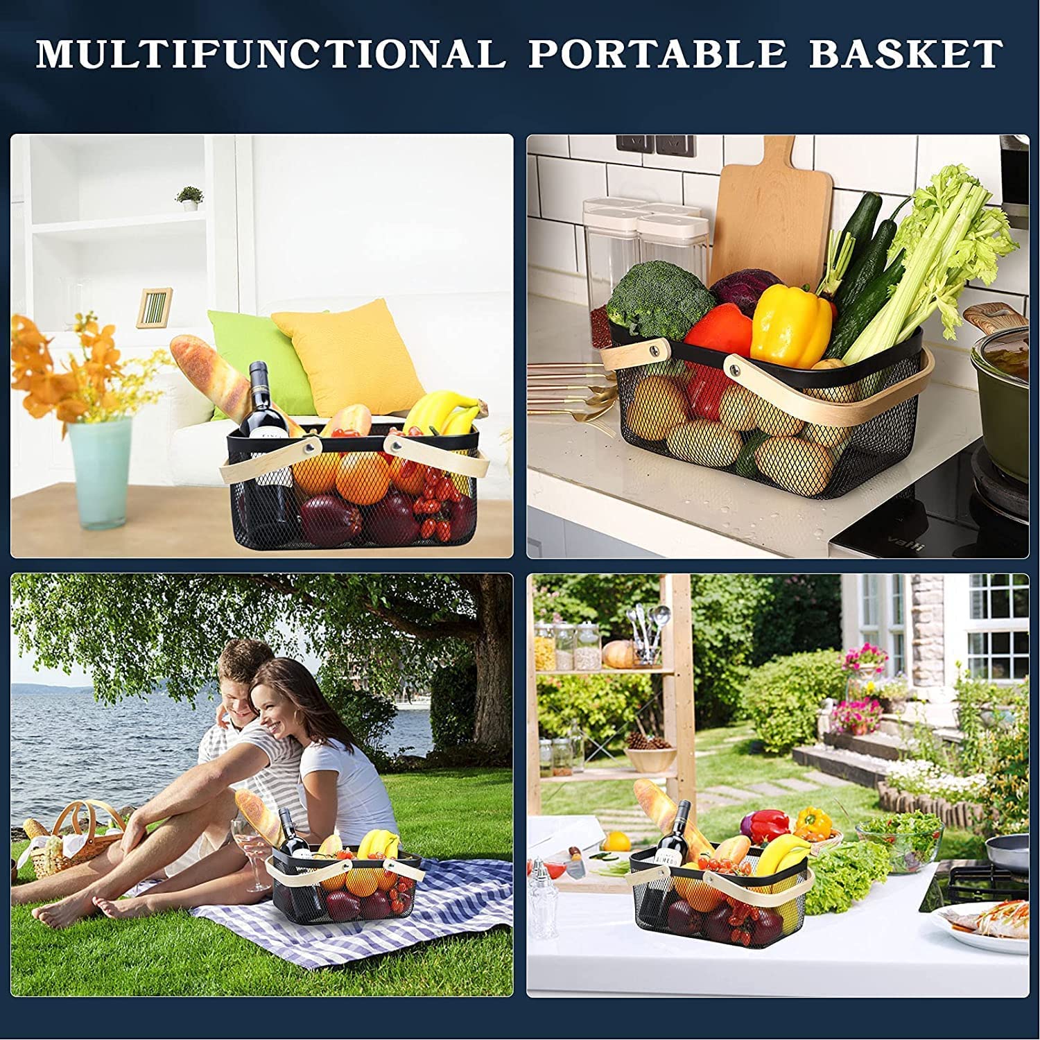 NYTRYD Metal Wire Mesh Steel Storage Organizer Basket Bin with Wood Handle Multi-functional Hanging Basket Solutions for Kitchen Bathroom Garden Home Decor 5