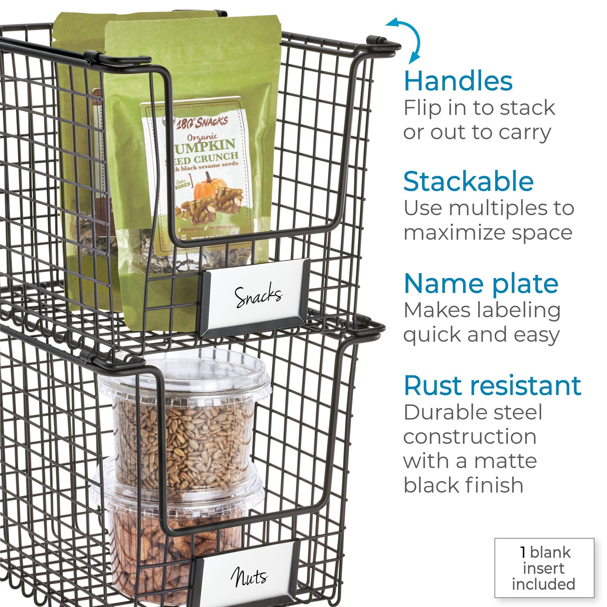 iDesign Stackable Wire Pantry Basket with Label Plate - Set of 6 - Matte Black 6