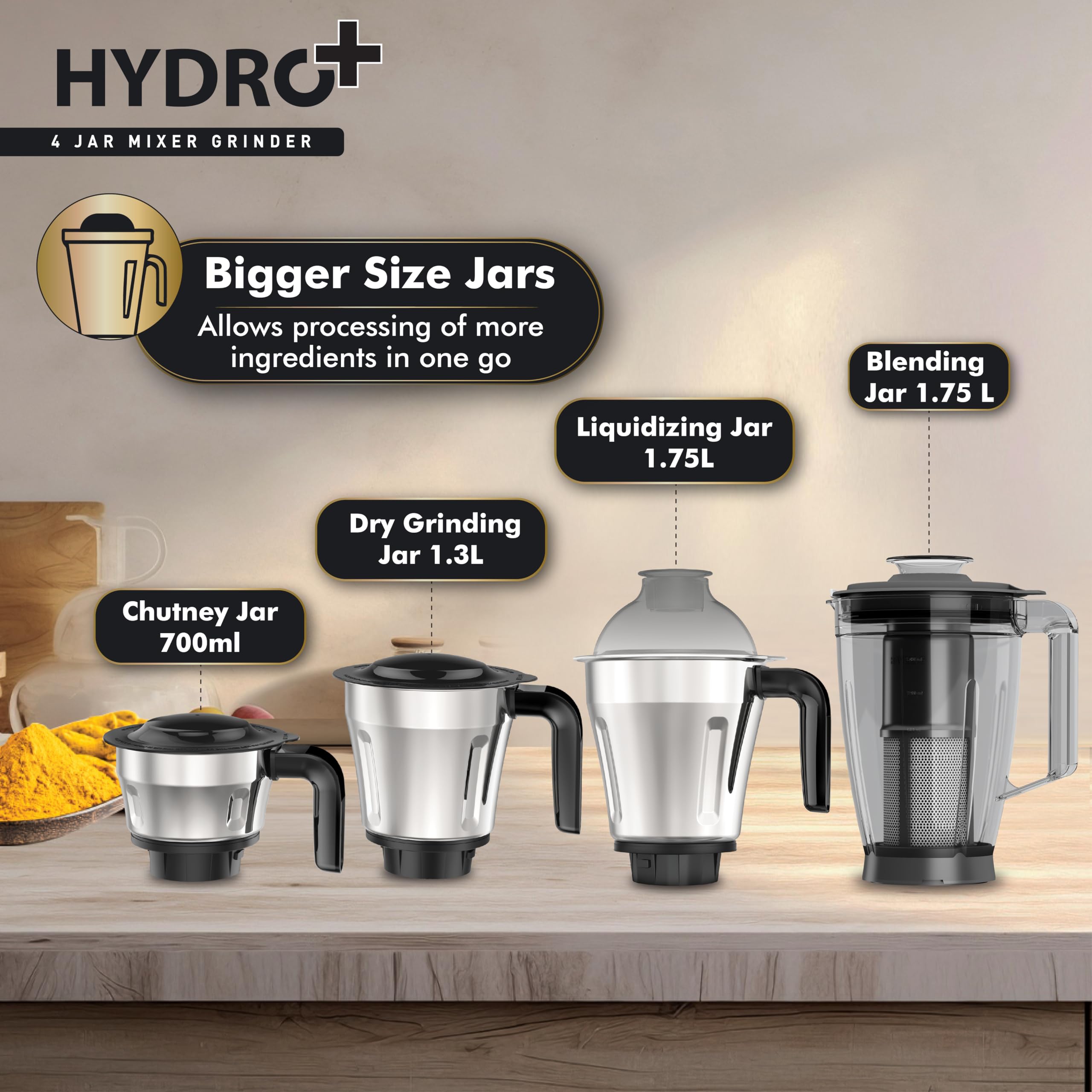 Havells Hydro Plus 1000 watt 4 Jar Mixer Grinder with Ball Bearing Motor, 22000 RPM, Wider mouth Stainless Steel Jar, Hands Free operation, SS-304 Grade Blade & 2 Yr Manufacturer Warranty 3