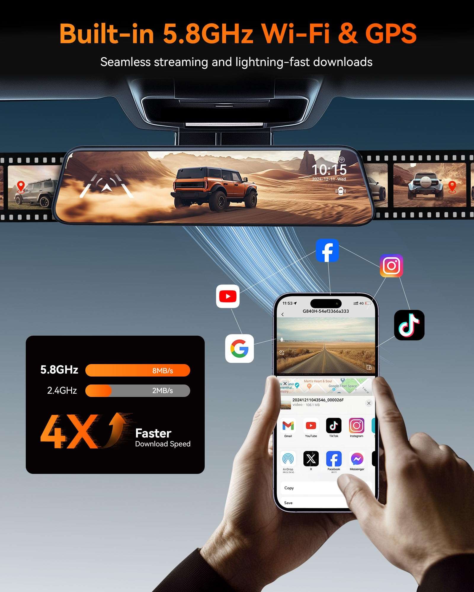 WOLFBOX G840H 12'' Mirror Dash Cam with ADAS and BSD, 2.5K Rear View Mirror Camera Front and Rear, 5.8GHz WiFi, Voice Control, Parking Monitor, Included 32GB Card & GPS, Loop Recording 4