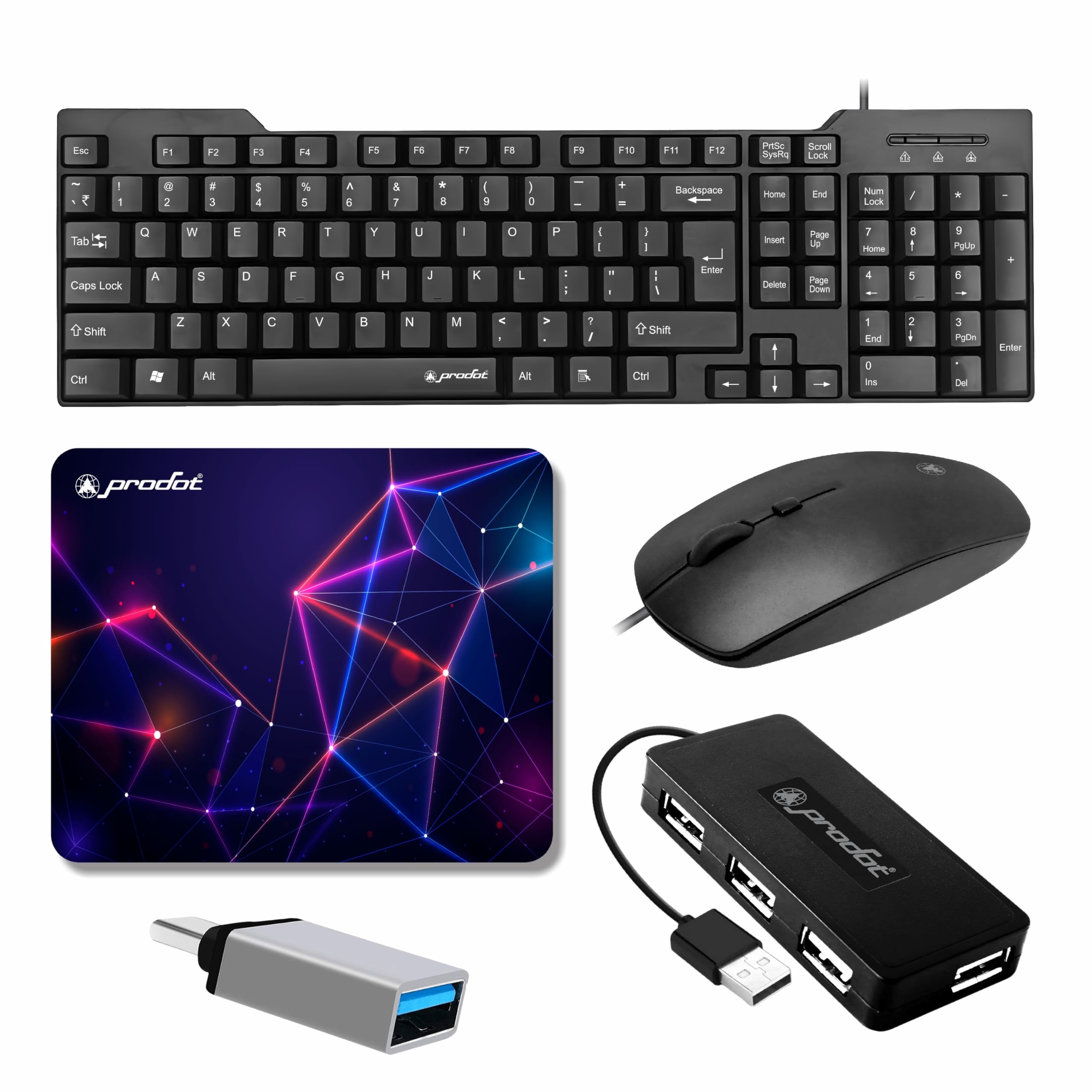 Prodot 5-in-1 Wired Combo Pack | 247s Wired Keyboard + Palm Optical Mouse with Adjustable DPI + 4 in1 Port USB Hub + USB Type-A to Type-C OTG + Anti-Slip Mouse Pad | for Laptop/Desktop 1