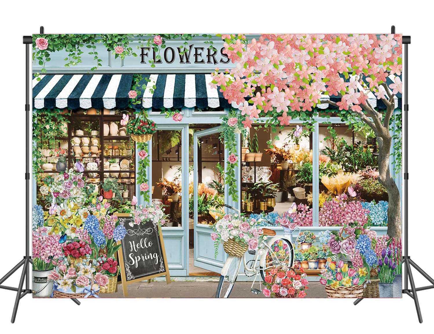 Flowers Shop Backdrop for Photography 10x8FT Spring Florals Butterfly Tea Party Background Hello Spring Banner Decorations Supplies Photo Props 3