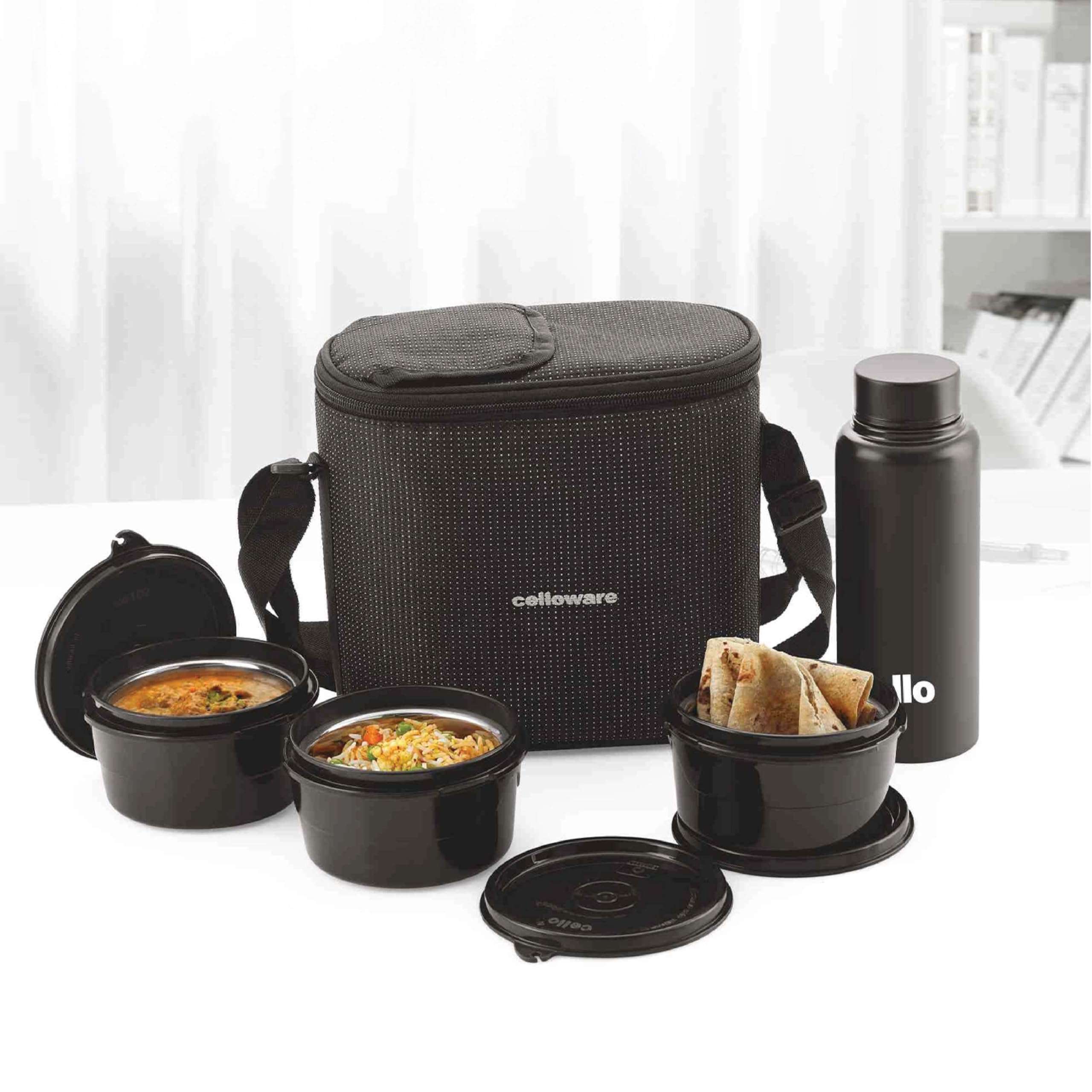 CELLO MF Alfa Stainless Steel Lunch Box Case Set with Bag for Office Use Black | 3 x 375ml Microwave Safe Steel Round Container, 1 x 800ml Steel Water Bottle | Air Tight Rustproof Leakproof Lunch Box 1