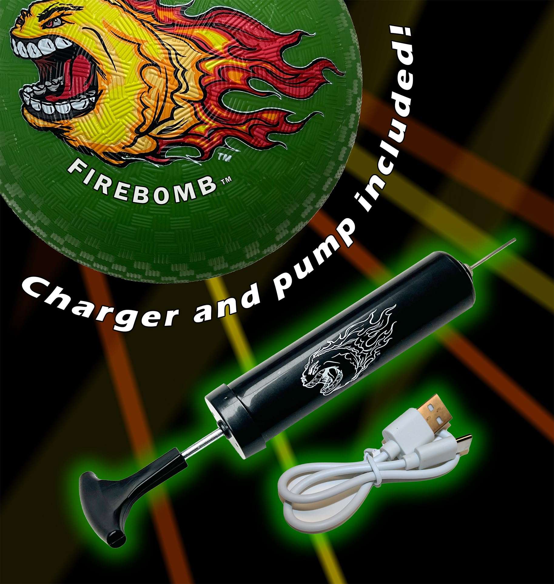 FIREBOMB™ - USB Rechargeable LED - Rubber DodgeBomb™ Playground Ball - 5 inch - Green - Outdoor Fun Four Square Handball Dodgeball Kids Recess Sports Activity 4