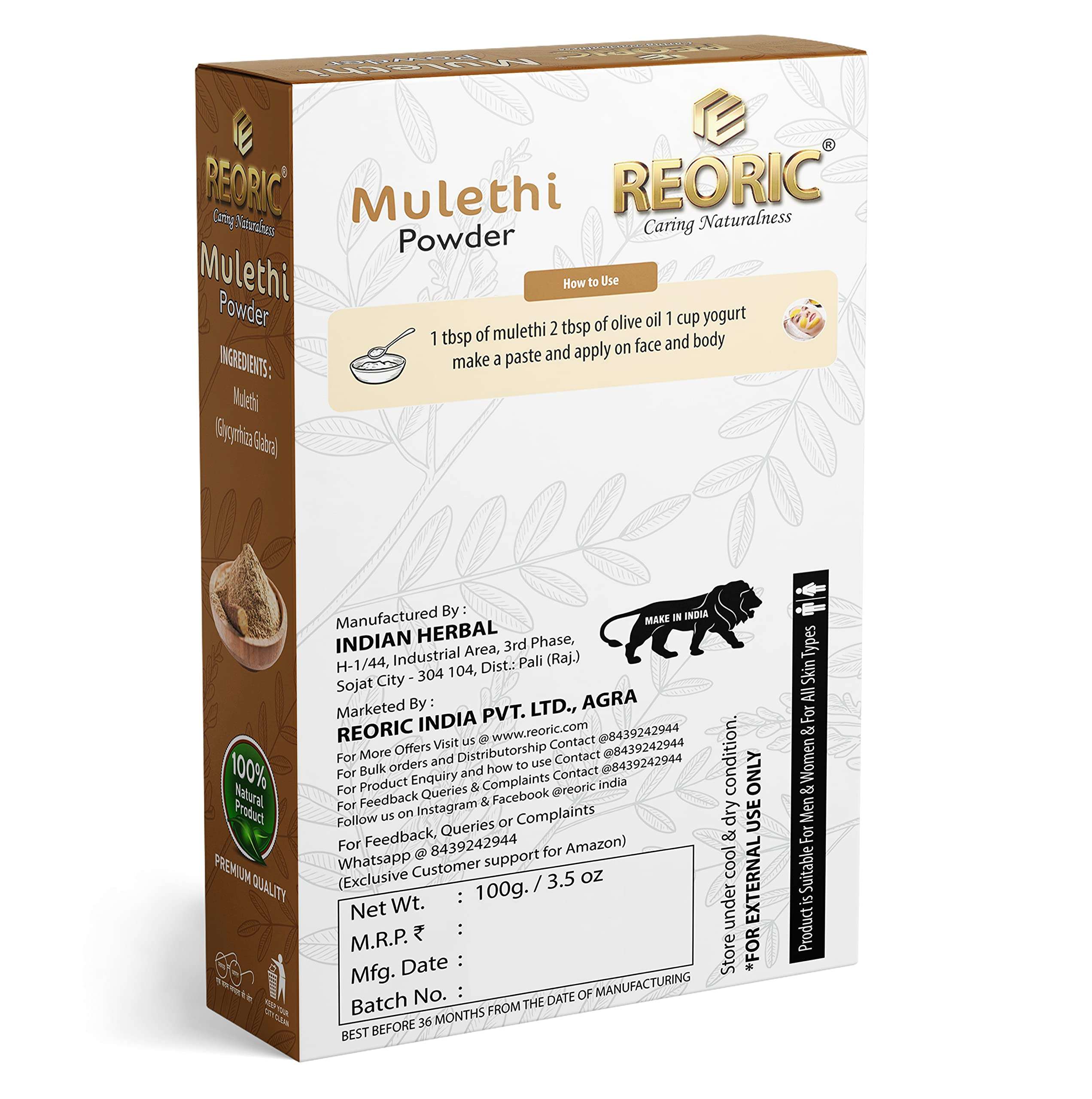 Reoric mulethi powder for face |licorice powder |licorice powder for face |yastimadhu |glycyrrhiza glabra powder |pure mulethi powder for face,body,skin, & hair(100g, Pack of 1) 3