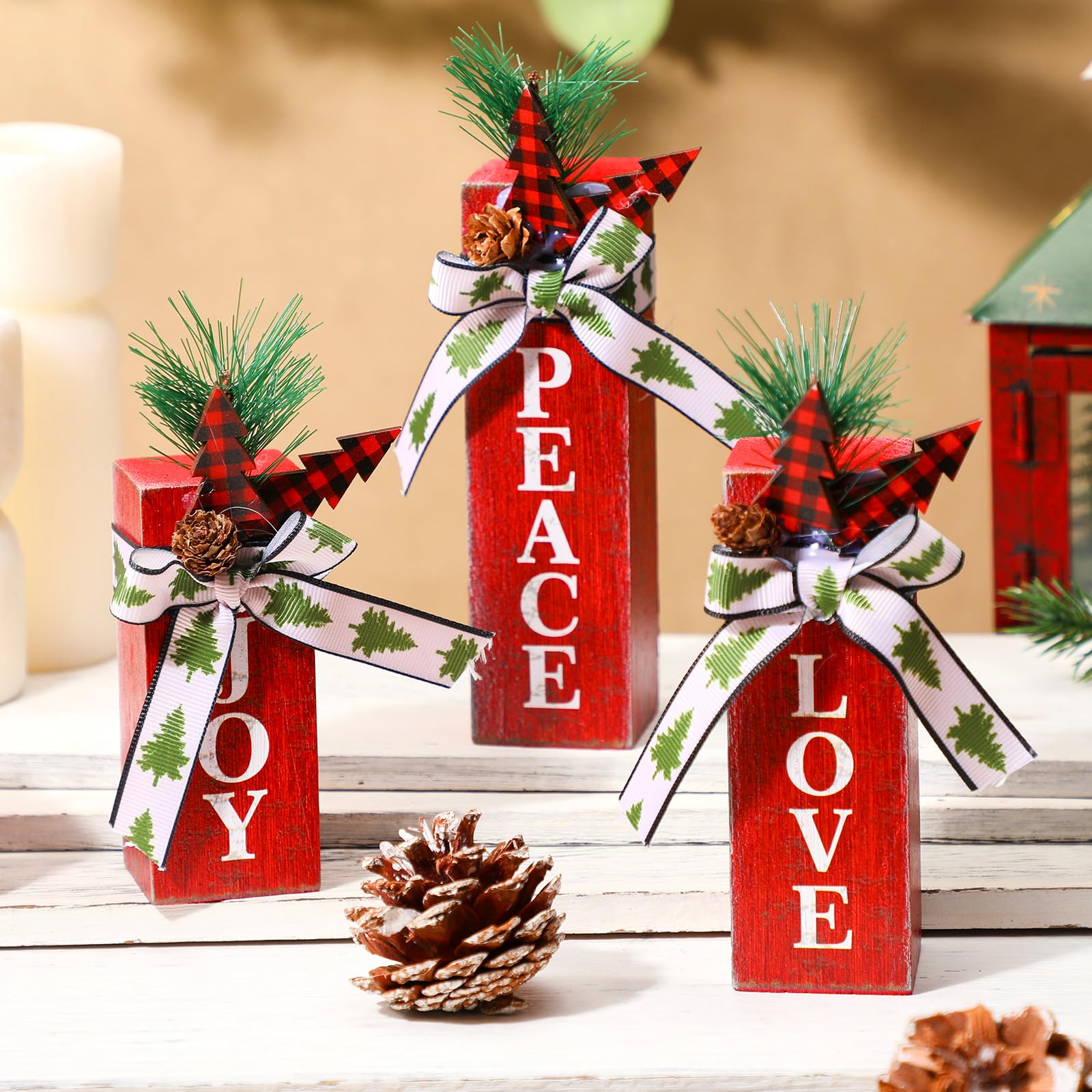 Shellwei 3 Pcs Christmas Table Centerpieces Christmas Rustic Wood Presents Xmas Wooden Faux Blocks Christmas Tiered Tray Decor with Buffalo Plaid Bowknot Pine Cone Berries for Holiday Party Decoration 4