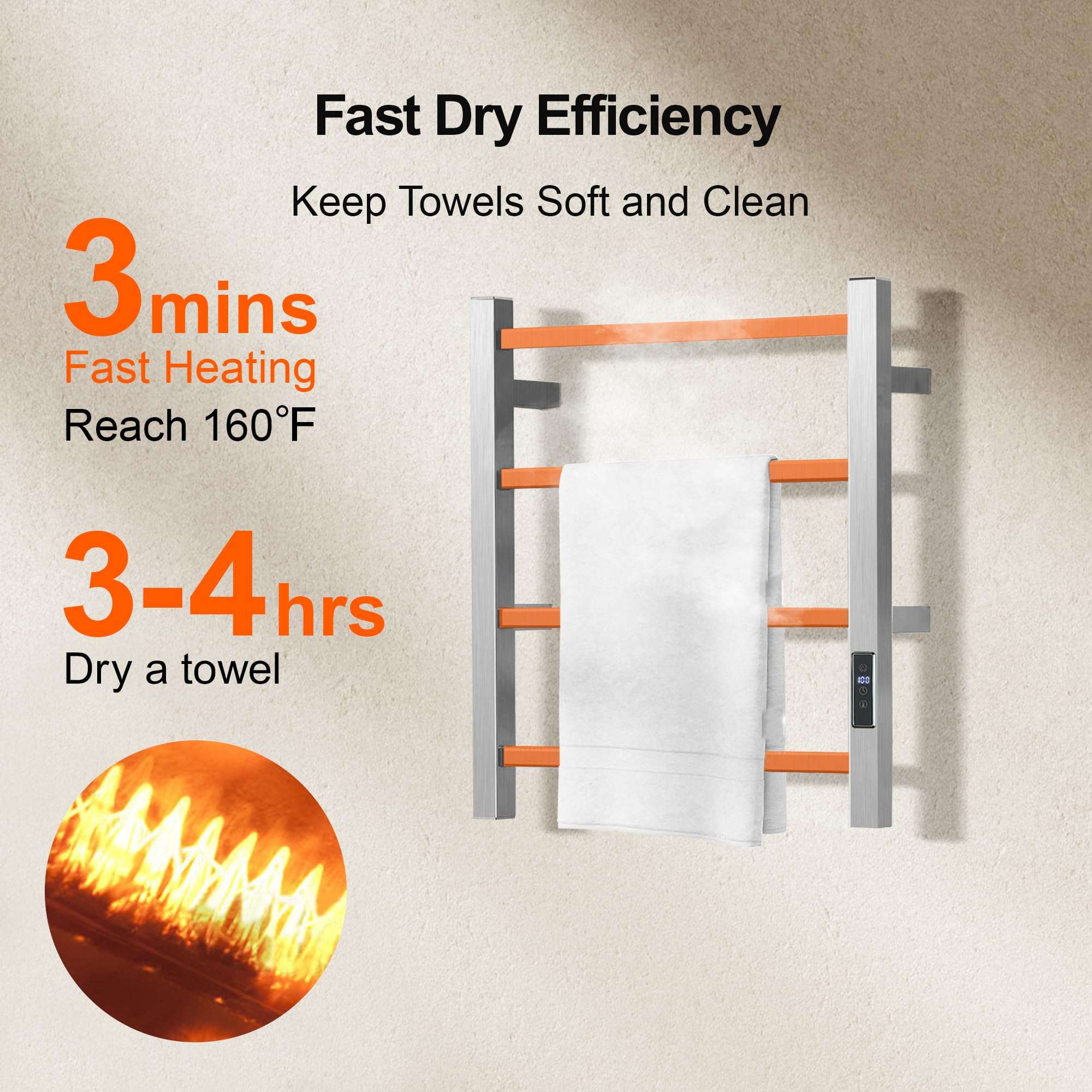 SHARNDY HARNDY Electric Towel Rack with Voice Control for Alexa & Google Home,TUYA - Wall-Mounted Bathroom Heating Towel Warmer,Plug-in,Stainless Steel Material (Square Brushed with Timer, 4 Bar) 6