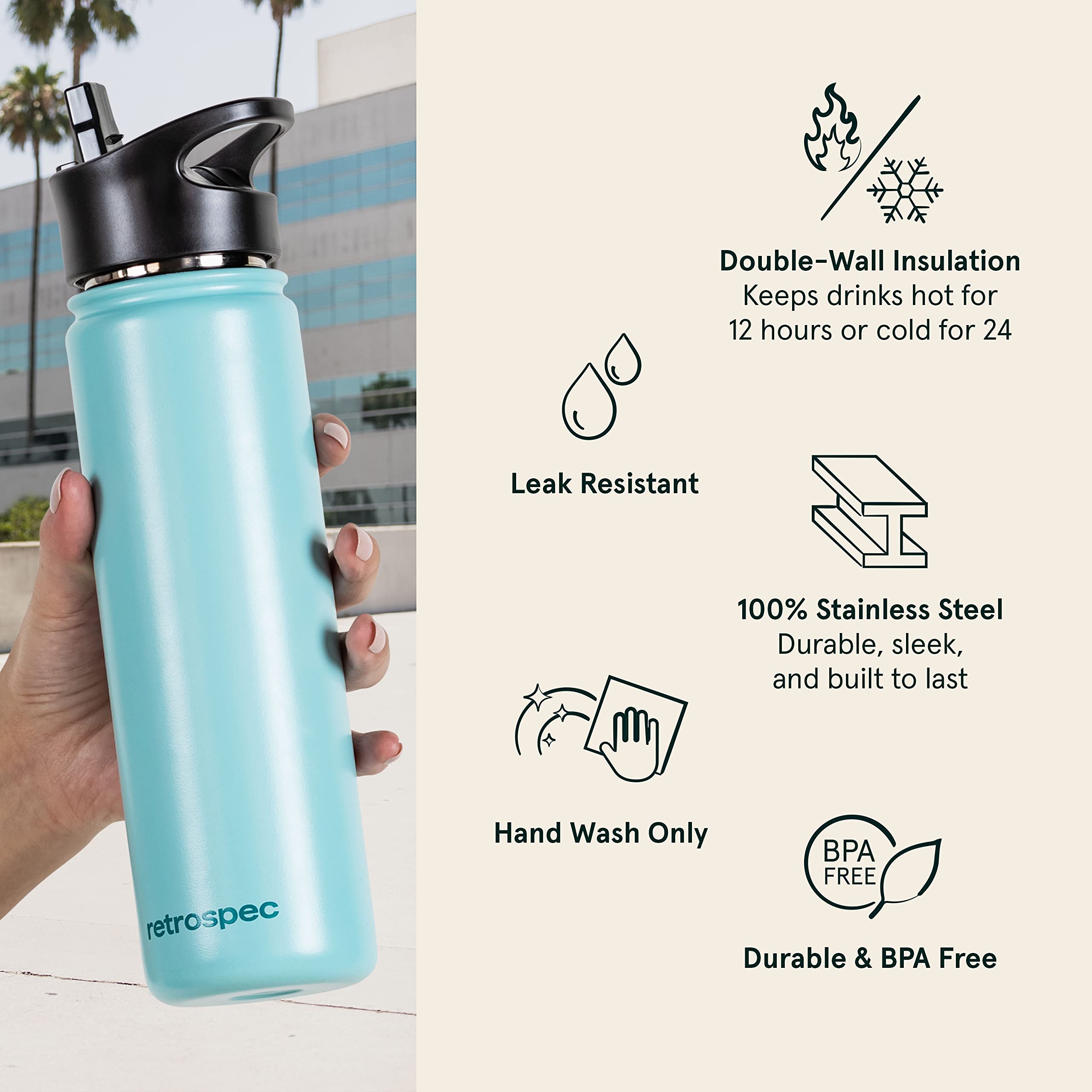 Retrospec Alder Insulated Water Bottle with Straw Lid & Handle Cap - Stainless Steel Wide Mouth Double-Wall Vacuum Insulated Thermos - BPA Free Leakproof Canteen - Blue Ridge, 32oz 3
