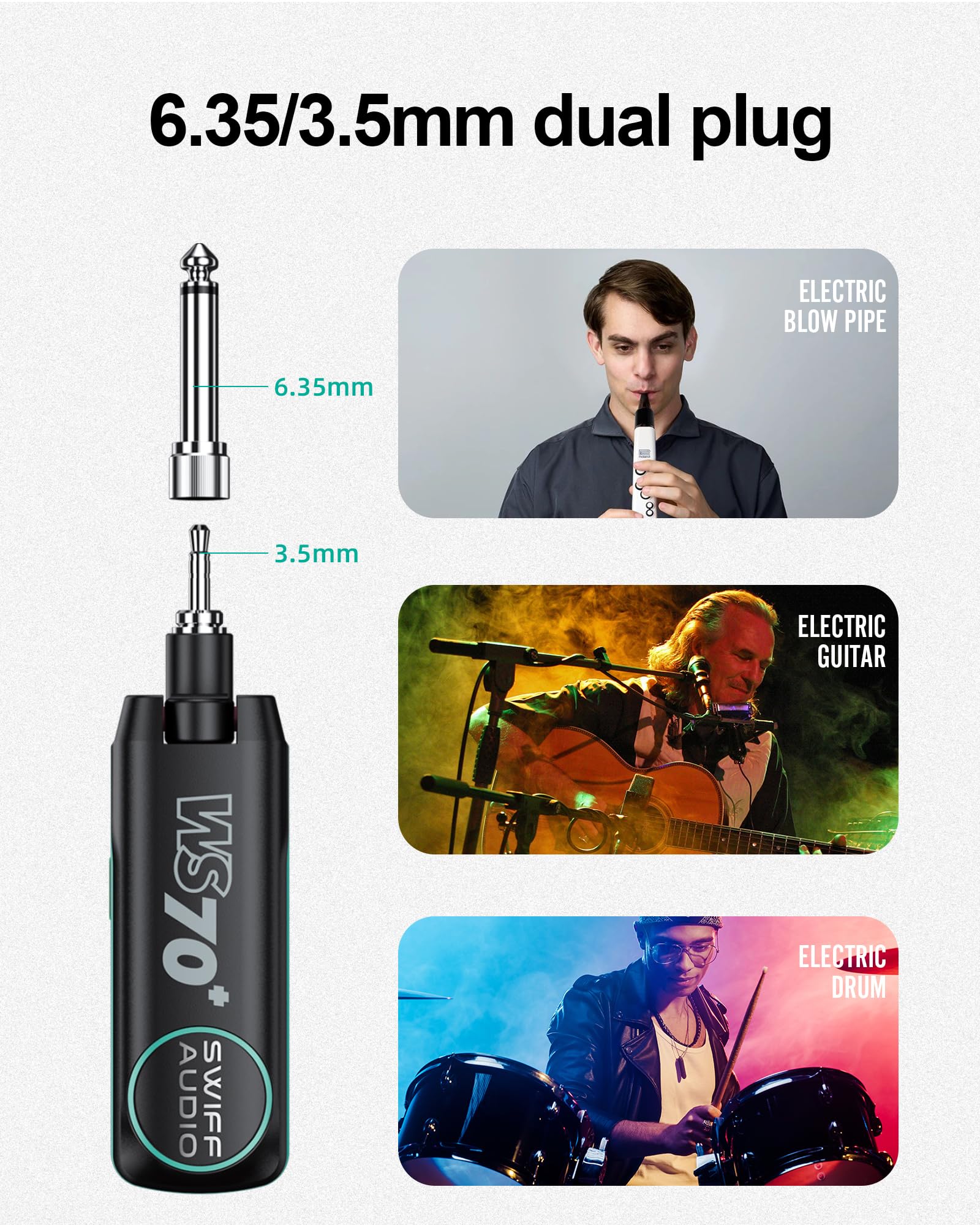 Wireless Guitar Transmitter Receiver Rechargeable Wireless Guitar System 10 Channels Transmission Range for 6.35mm/3.5mm Musical Instrument 6