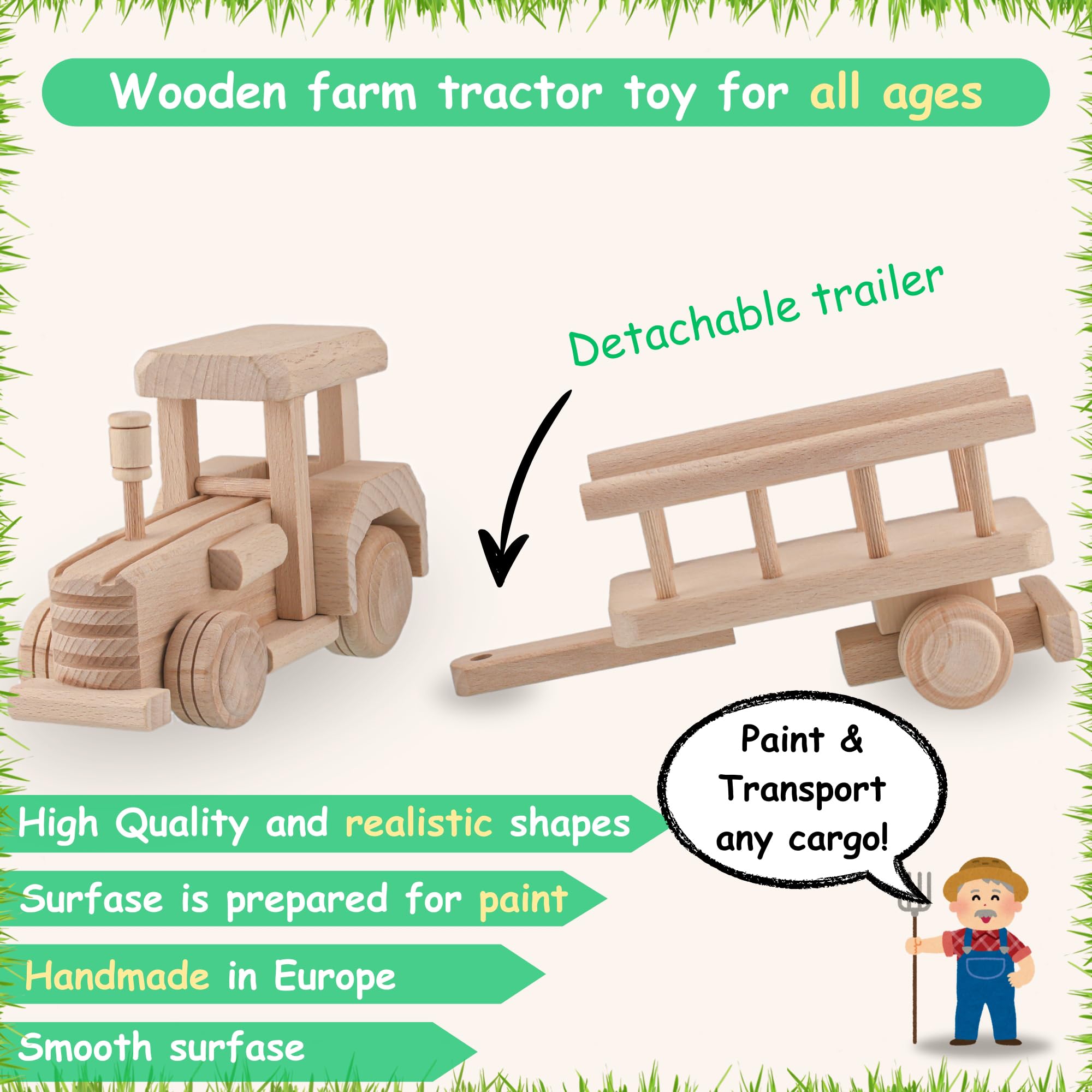 VESPLO Wooden Tractor with Trailer, Farm Toys for Toddlers, Unfinished Wood Toy for Paint, Preschool Educational Games, Handmade in EU, Realistic Shape 4