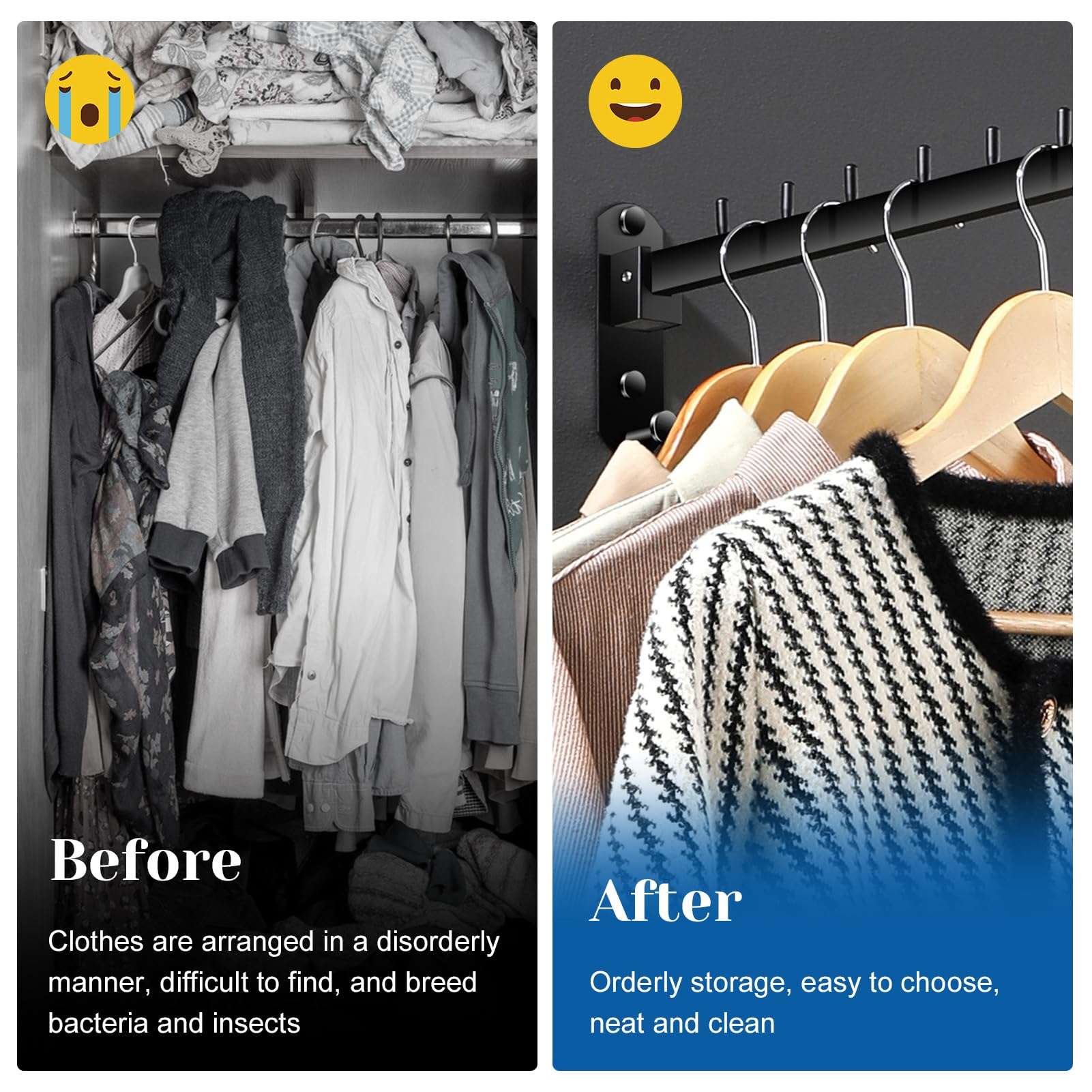 KKONHII Folding Wall Mounted Clothes Hanger Rack with Stainless Steel Heavy Duty Coat Hooks, Space Saving Clothing Hanging System Closet Storage Organizer for Bathroom Bedroom Laundry Room 6