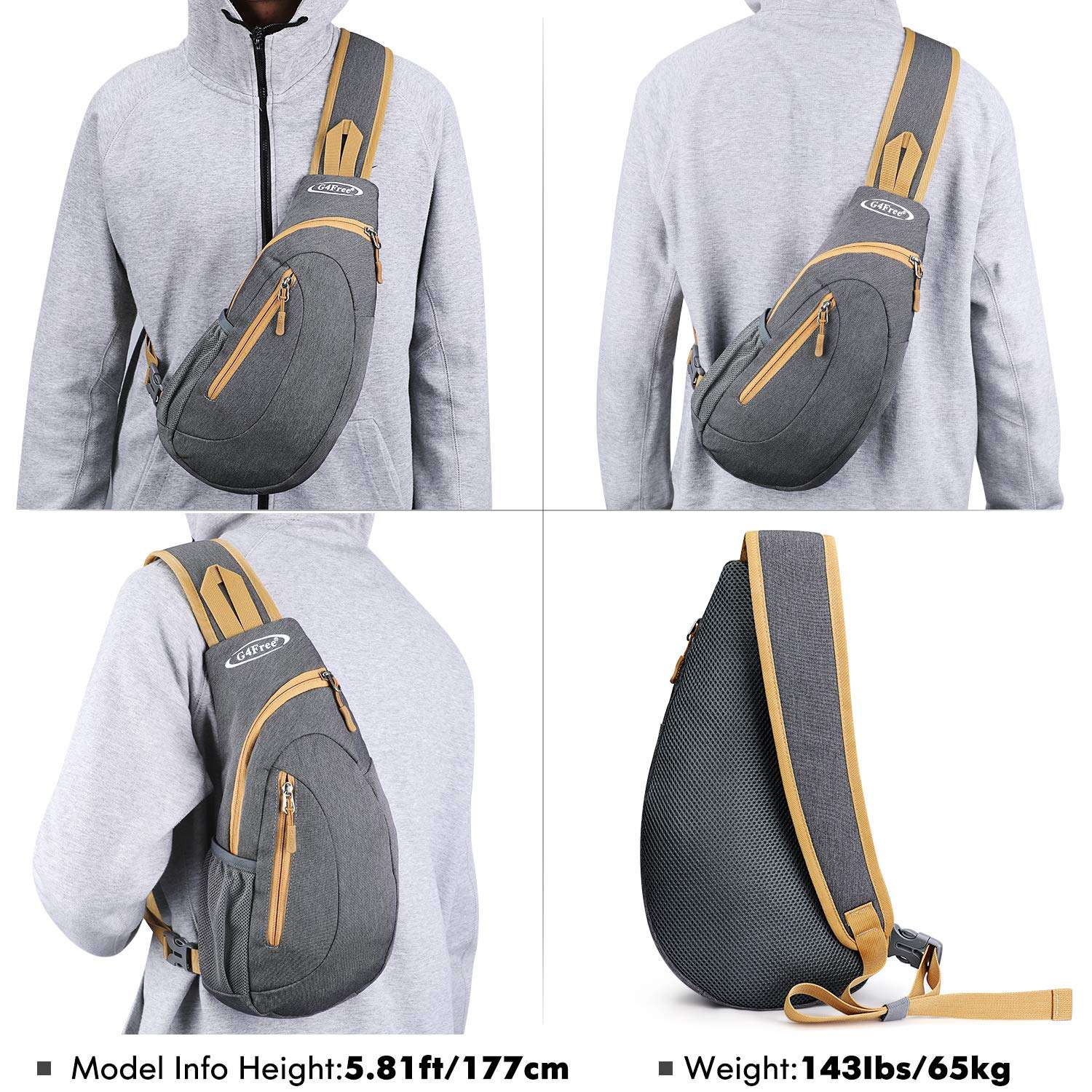 G4Free Sling Bags Men and Women Shoulder Backpack Small Crossbody Chest Sling Backpack (Grey Yellow) 6