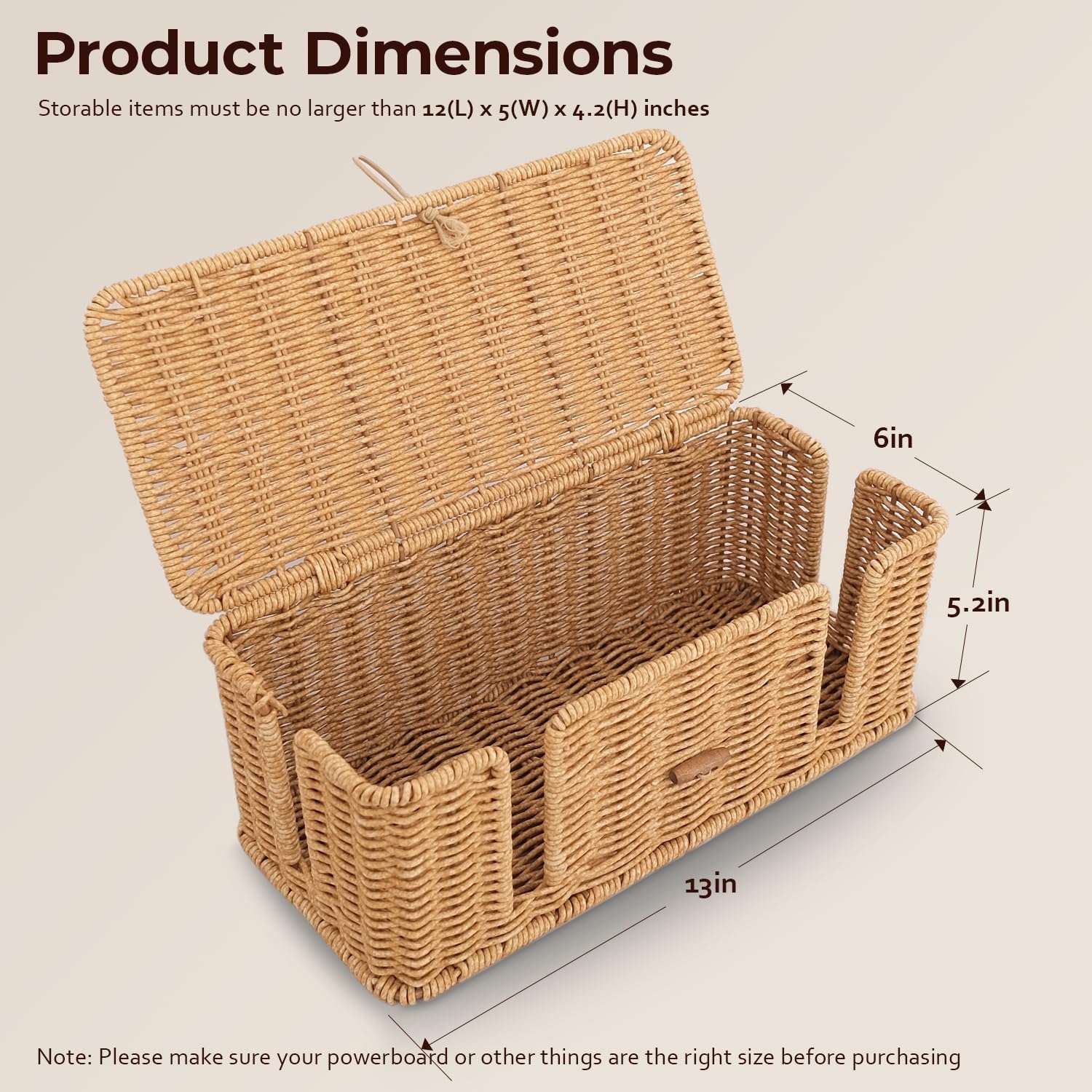 Limogoo Cable Management Box, 4 Open Slots Cords Hider with Lid and Fixable Strap, Imitation Rattan Organizer for TV Wires, Computer Router, USB Hub, Power Strip 6