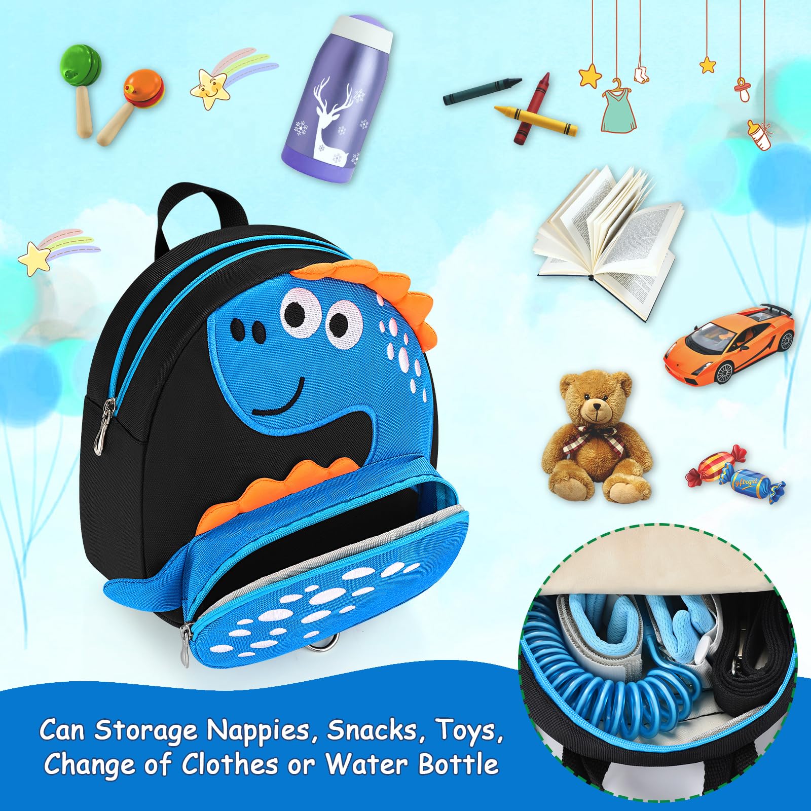 Accmor Toddler Backpack Leash, Cute Dinosaur Kids Harness Backpacks with Anti Lost Wrist Link, Adorable Child Backpack Mini Bag Wristband Tether Strap Leashes for Baby Boys Girls Ages 1-3 Years 4