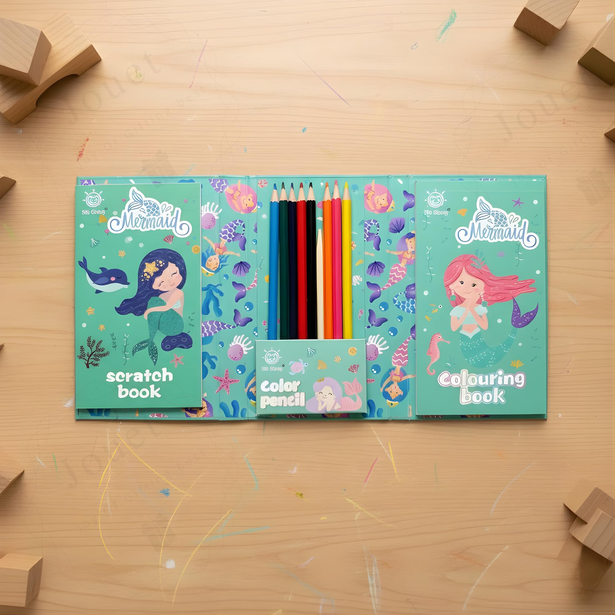 JOUET Mermaid Colouring Book Set for Kids, 30 Pages Coloring Book with 8 Color Pencils, 10 Scratch Art Sheets, Wooden Stylus, Ages 4 and Above 3