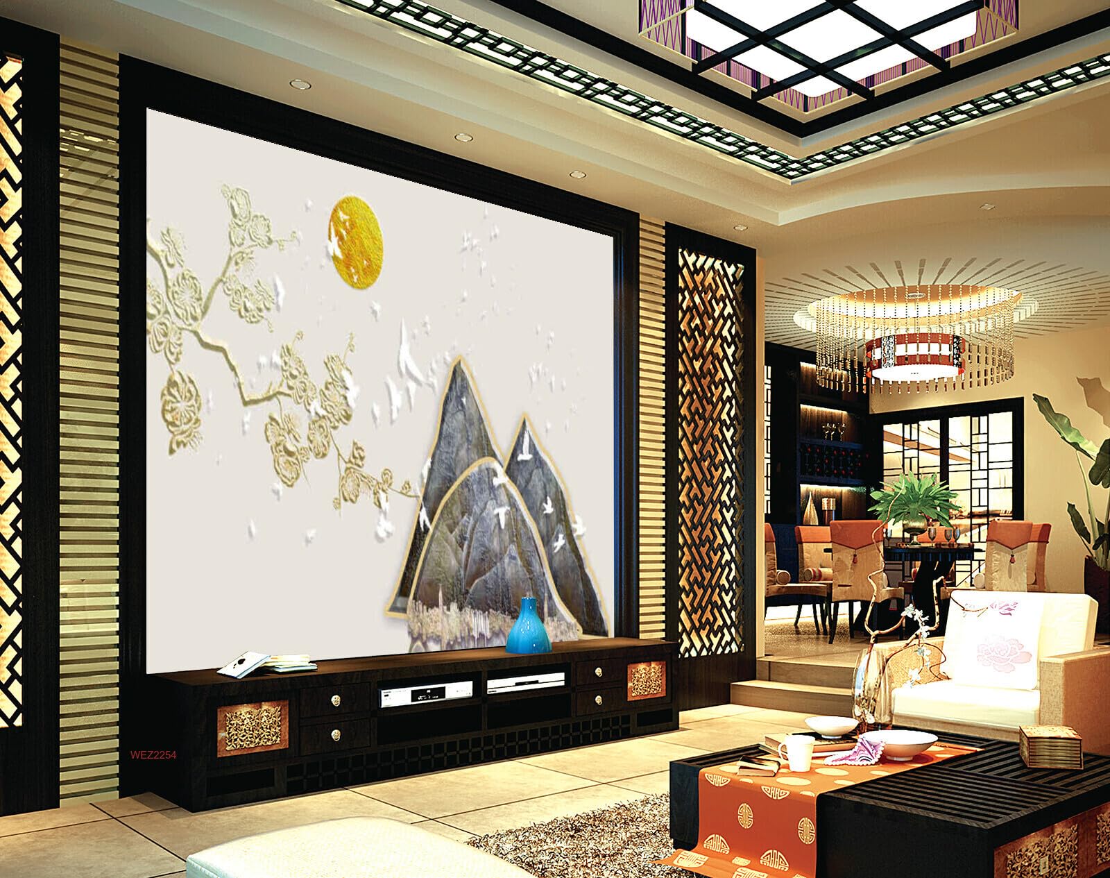 Wall26 - WEZ2254 Birds Blossom Peck Sun Mountains Flowers Beautiful Boo HD 3D Wall Sticker[7 ft x 5 ft] / [213 cm x 152 cm] 4