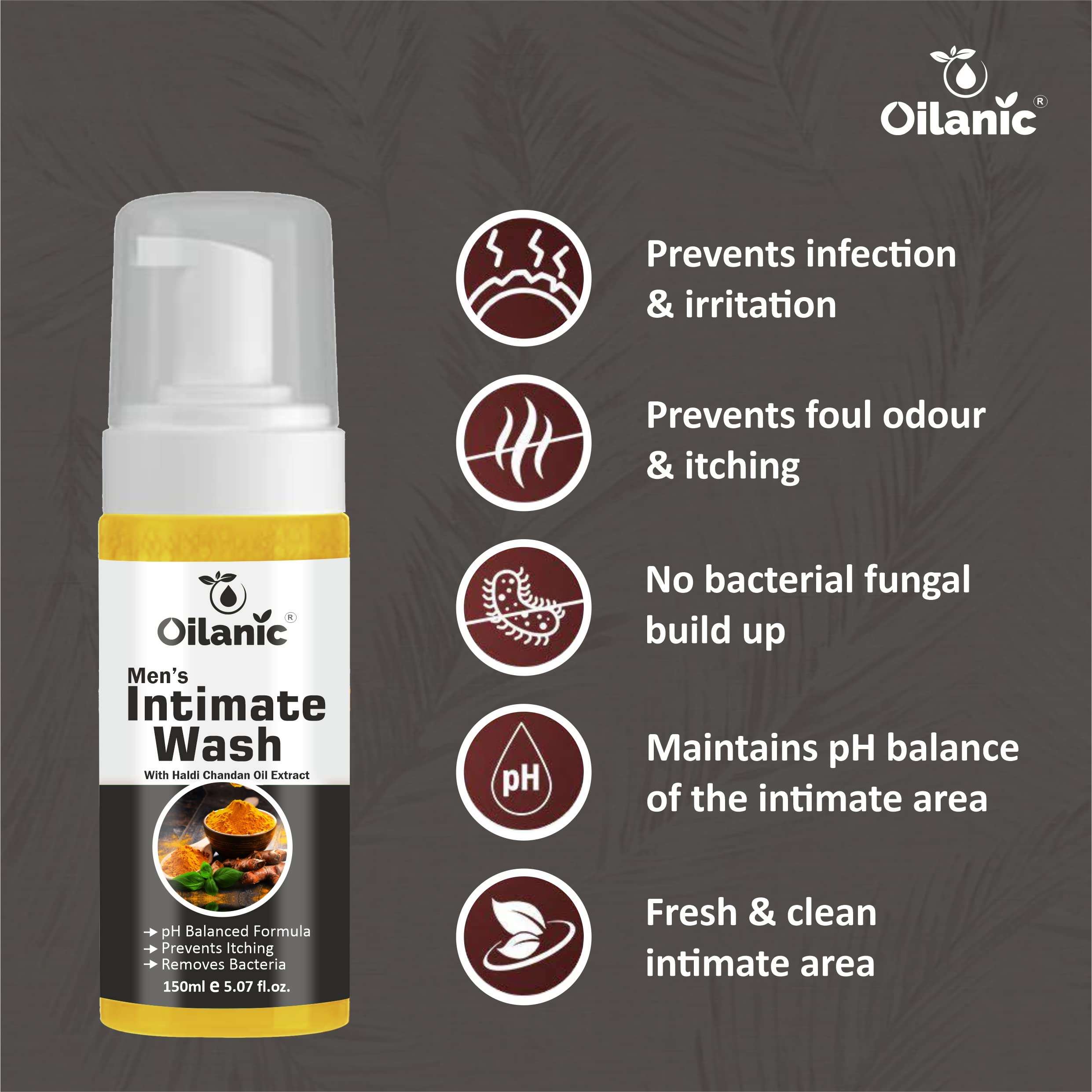 Oilanic Natural Men's Intimate Wash with Haldi Chandan Extract (Pack of 4, Each 150 ml)|pH-Balanced Hygiene Wash for Daily Freshness and Odor Control Gentle Cleanser for Sensitive Skin Chemical free 4
