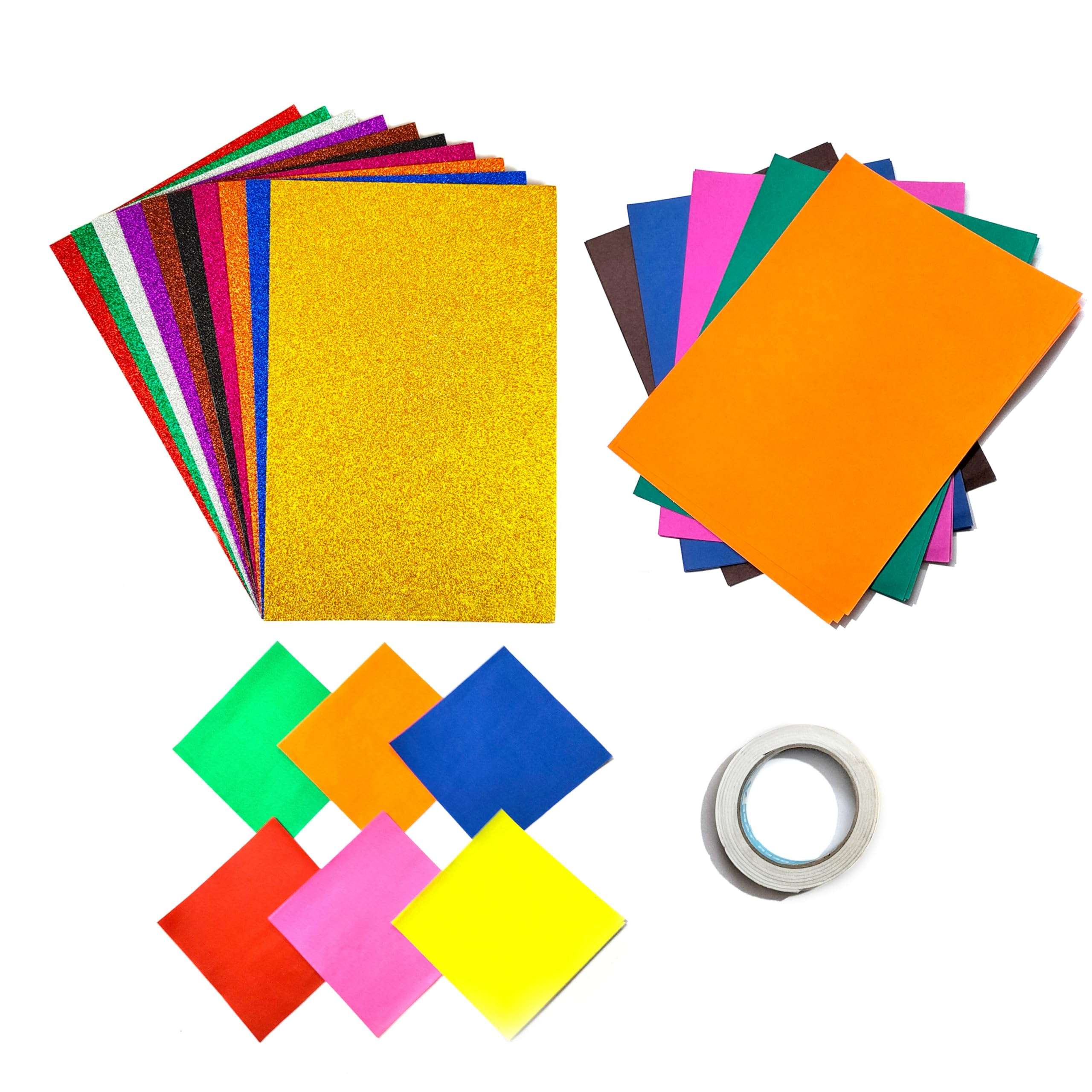 Multi Colour craft papers set for school projects | A4 Glitter sheets | Square oragami paper | Light Pastel Sheets| For college projects | Double Sided Tape 2 Meter 1