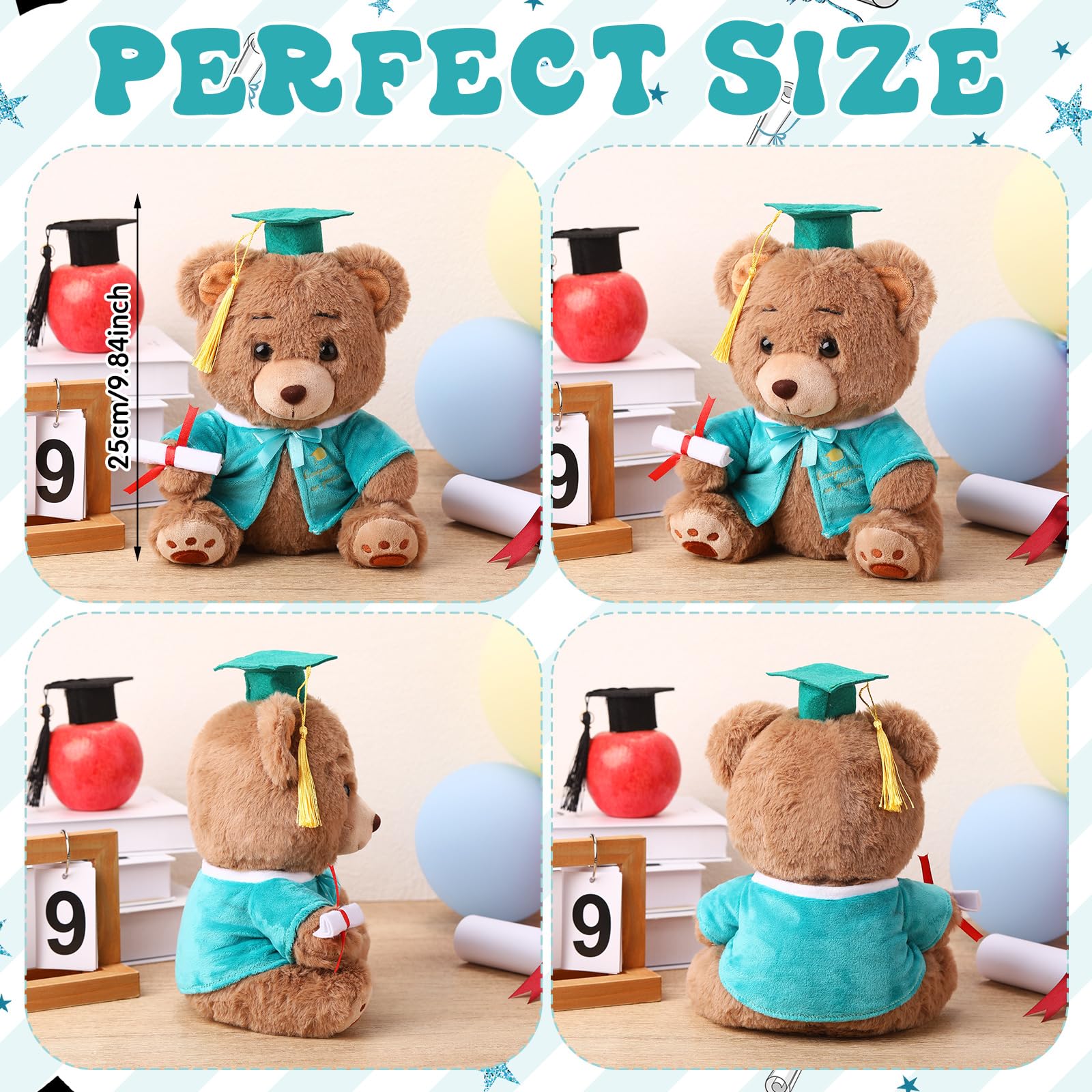 Deekin 10 Inch Graduation Bears Stuffed Animal Class of 2025 Plush Bear in Black Cap Graduation Bear Kindergarten Graduation Gifts Stuffed Bear Plush Bear Toy for Grad Party Decor(Green) 3