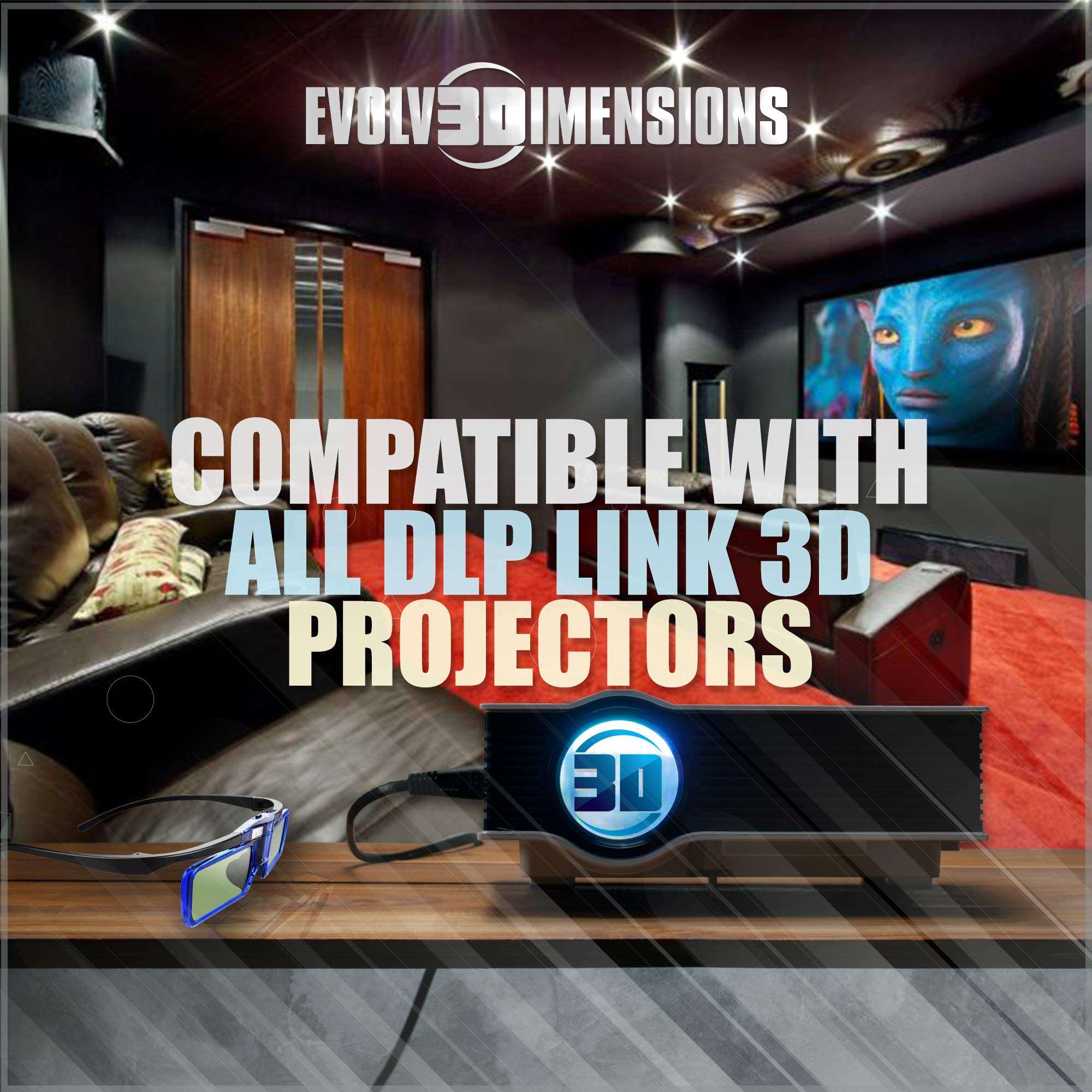 RetroDepth LT Lightweight Rechargeable DLP Link 3D Glasses for all DLP 3D Projectors (Benq, Optoma, Acer, Vivitek, Dell Etc) by Evolv3Dimensions (4 Pack) 3