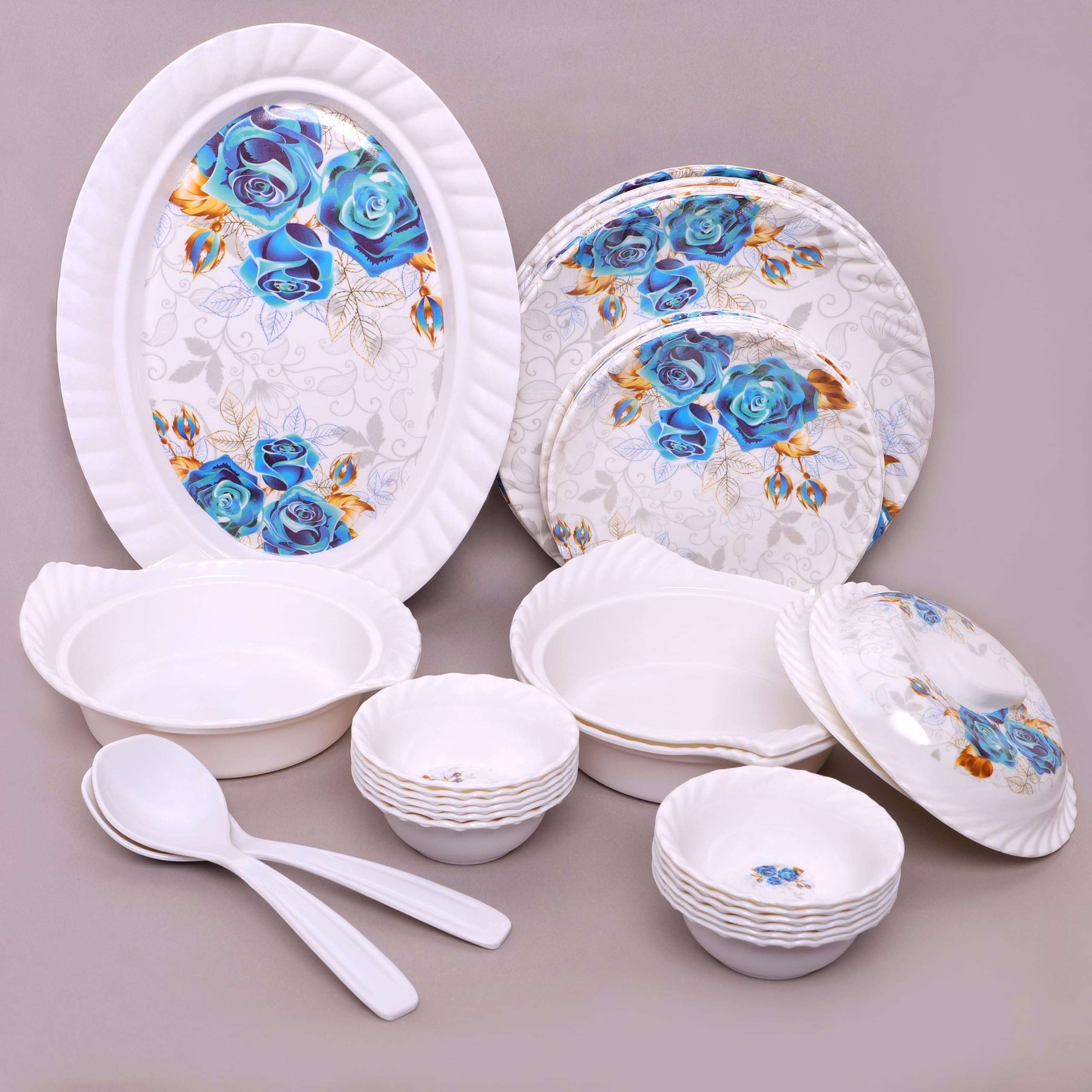 Home-Pro - 32 Pieces Melamine Dinner Set Royal Lehar, Stain Resistant, Beautiful Blue Flower Design Crockery Dinnerware in Exclusive Square Shape Set for Your Home Kitchen and Gifting 5