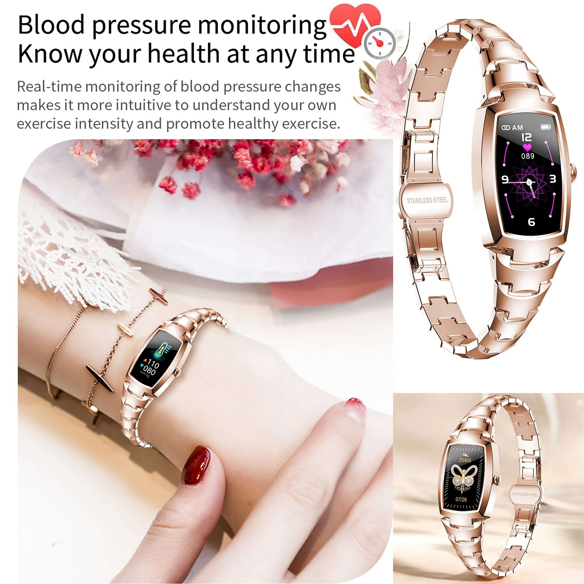 Yomier Smart Watch for Women, Waterproof Fitness Tracker with Blood Pressure Heart Rate Oxygen Sleep Monitor Message Notification Sport Pedometer, Smartwatch Bracelet iOS Android Phones (Gold) 5