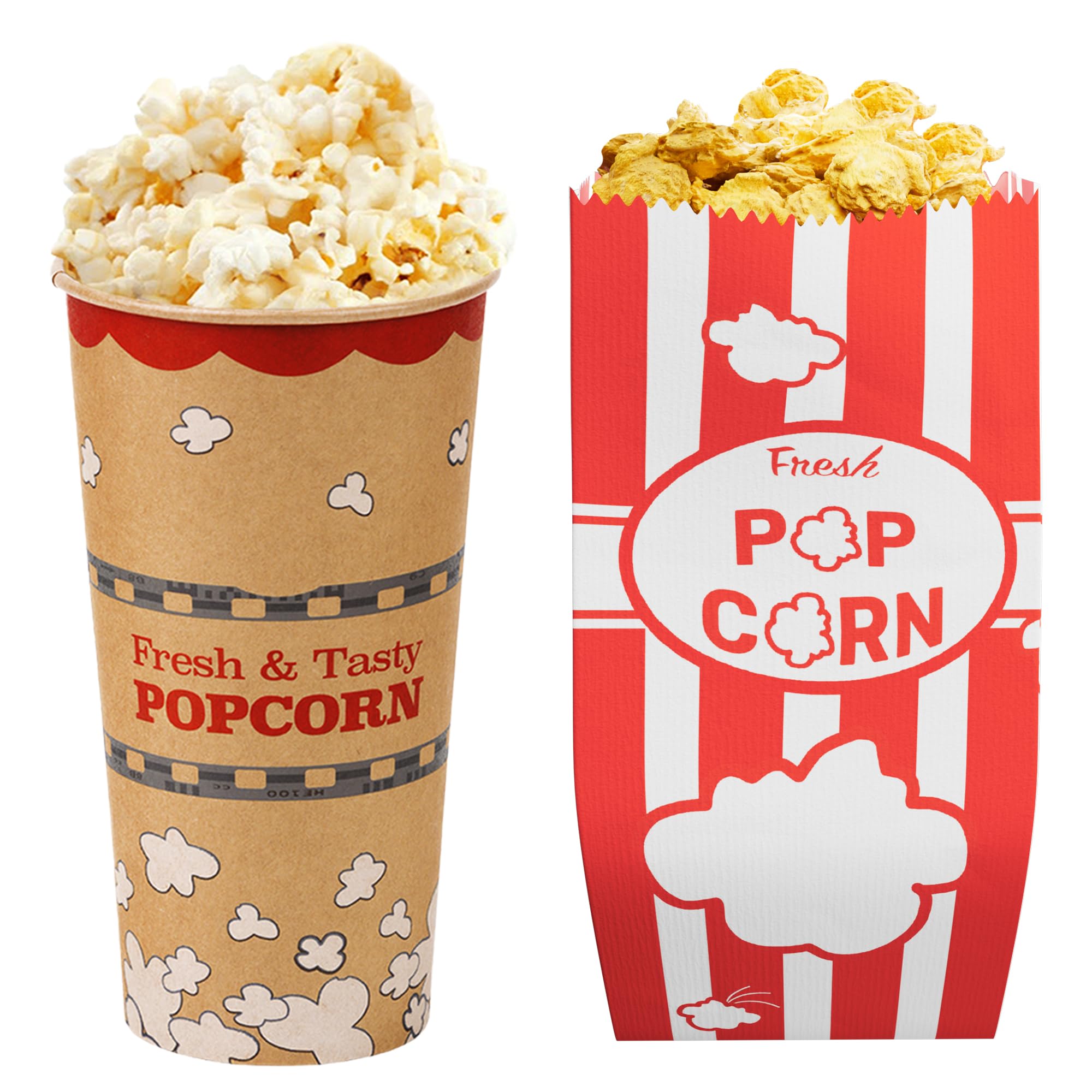 [50-pcs] 24 oz Kraft Popcorn Buckets + [100-pcs] 1 oz Red Popcorn Bags (Carnival Theme, Customizable) Bundle 1