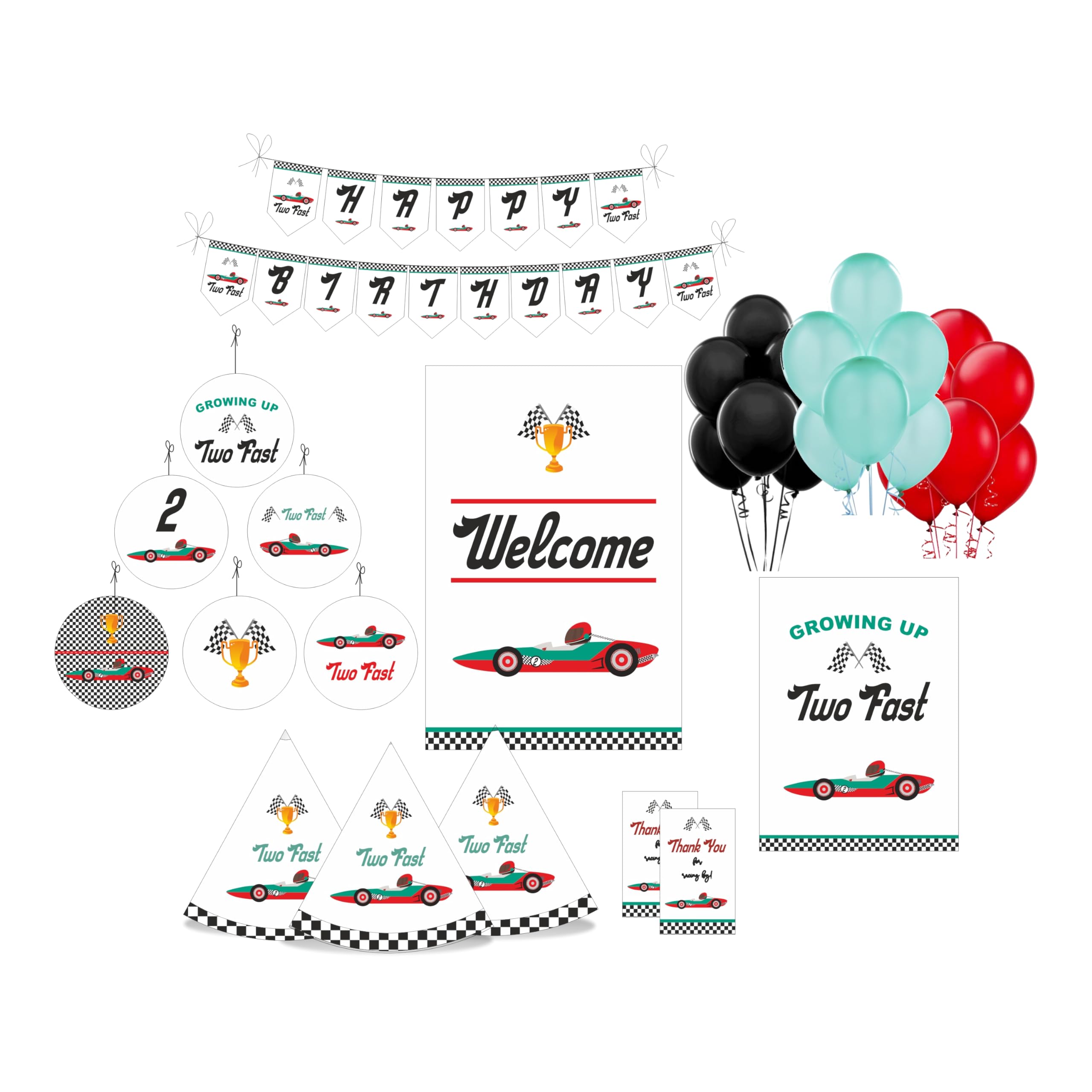 PRETTY UR PARTY Two fast Party decorations Kit - 80 pcs include Bunting, balloons, thank you, centerpiece, danglers, Caps, Race car Party Supplies, 2nd Birthday Decor, DIY Décor for Kids, Boys 1