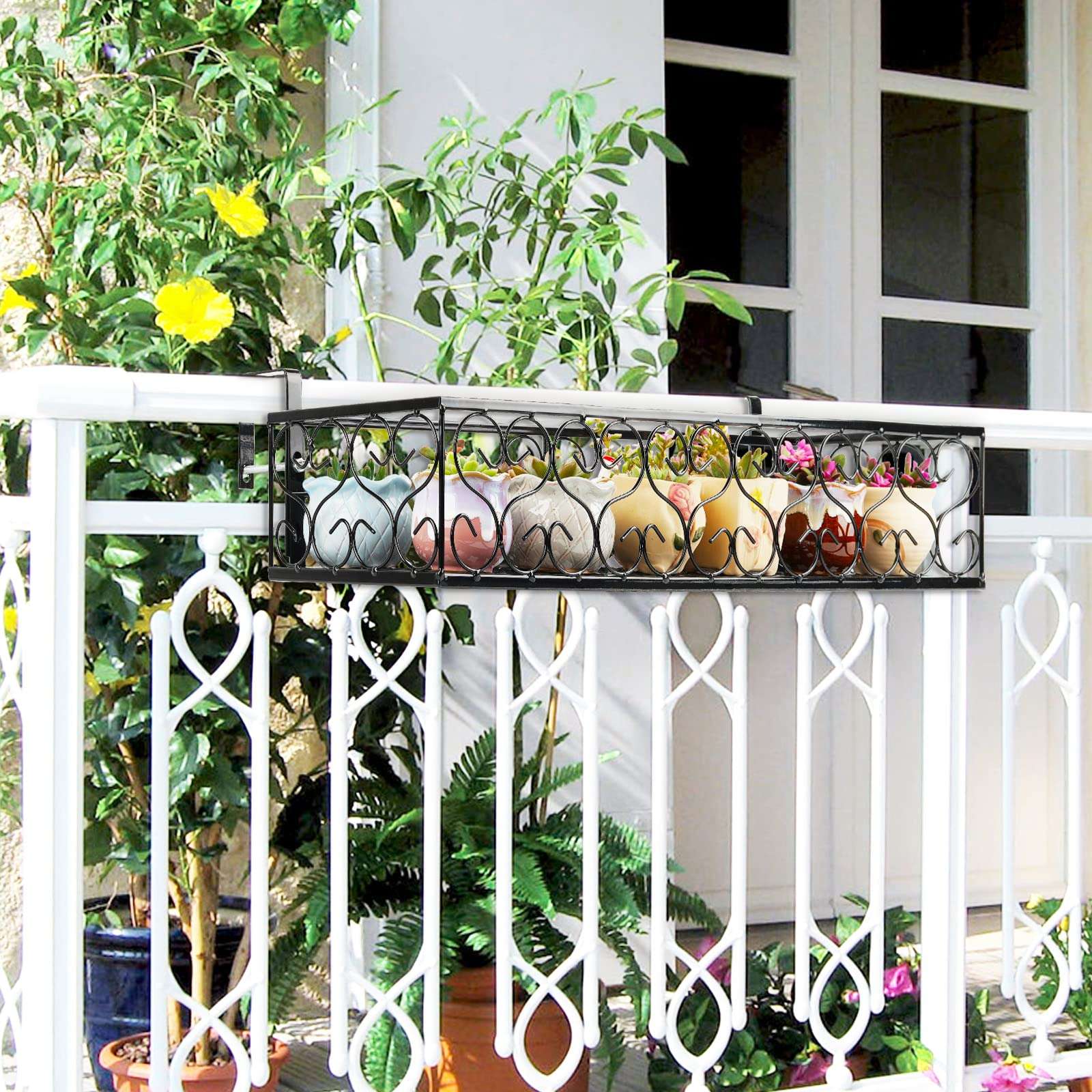 Fitlyiee Balcony Flower Pot Stand Rack Patio Railing Shelf Plant Pots Holder Windows Decorate (L, Black) 4