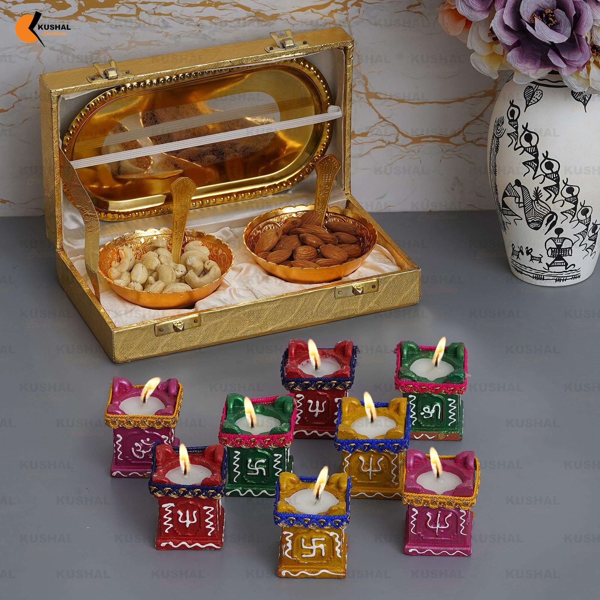 KUSHAL CREATIONS Silver Plated Festival Gift Silver Plated Brass Bowls Set of 5 Pcs. Golden Velvet Box Dinner Set with Tulsi Diya Set of 8 Pcs. 3