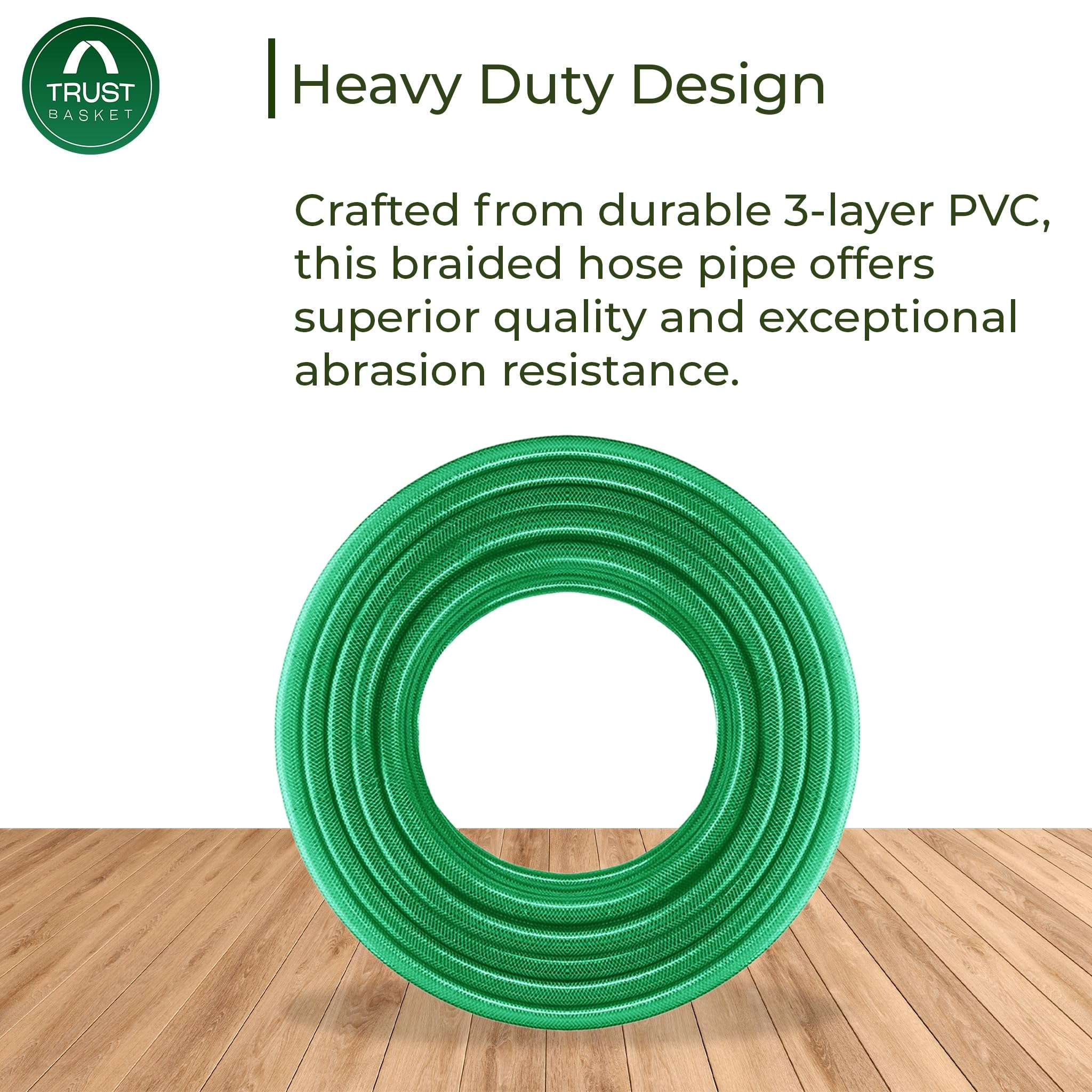 TrustBasket Heavy Duty Highly Durable PVC Plain Green Braided Water Hose Pipe (15 Meter) with 7 Pattern Sprayer Gun & 3 Clamps (1/2 inch Pipe) - Easy to Connect for Home Gardening, Lawn, Car Wash 6