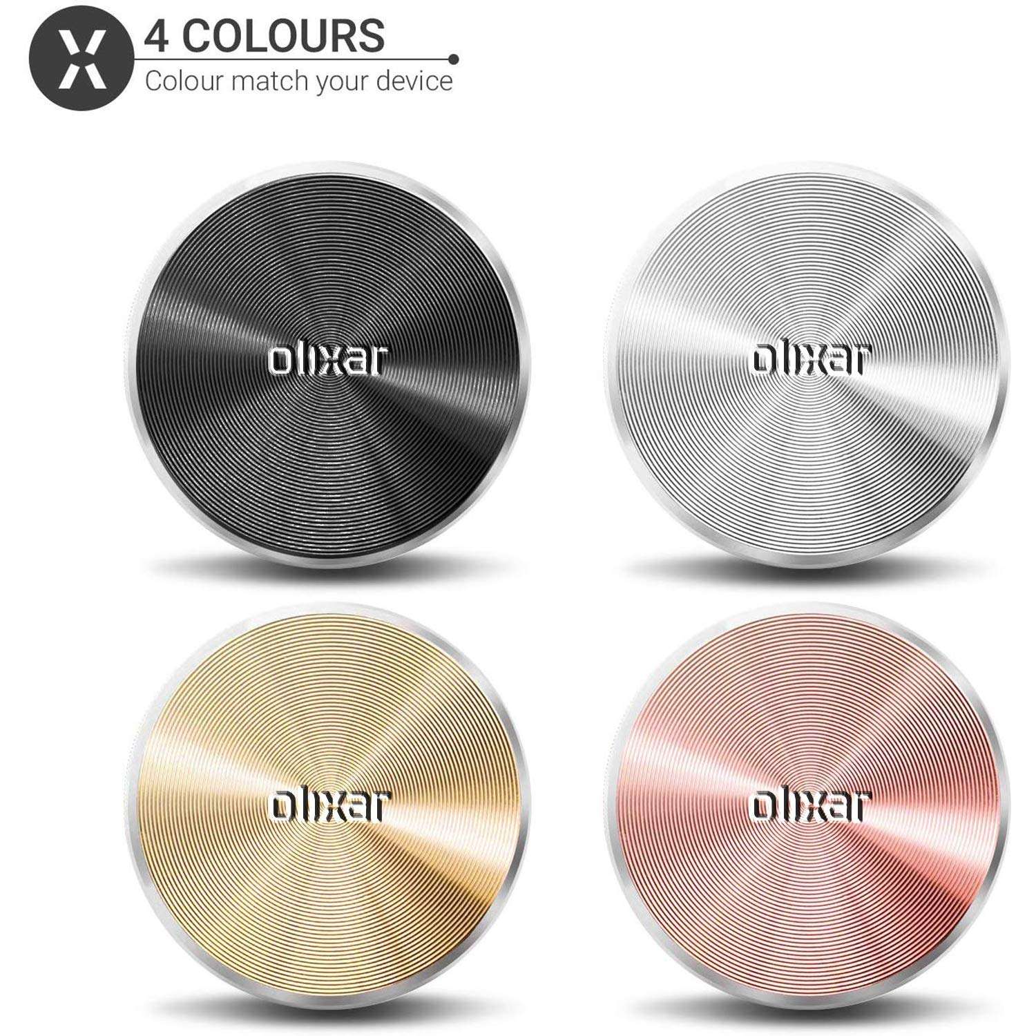 Olixar Phone Magnet Sticker, Phone Case Magnet - Put in Phone Case and Use with Car Phone Holder - Thin Magnets Stickers Mount Magnetic Plate - Black, Silver, Rose Gold & Gold - Universal - 4 Pack 4