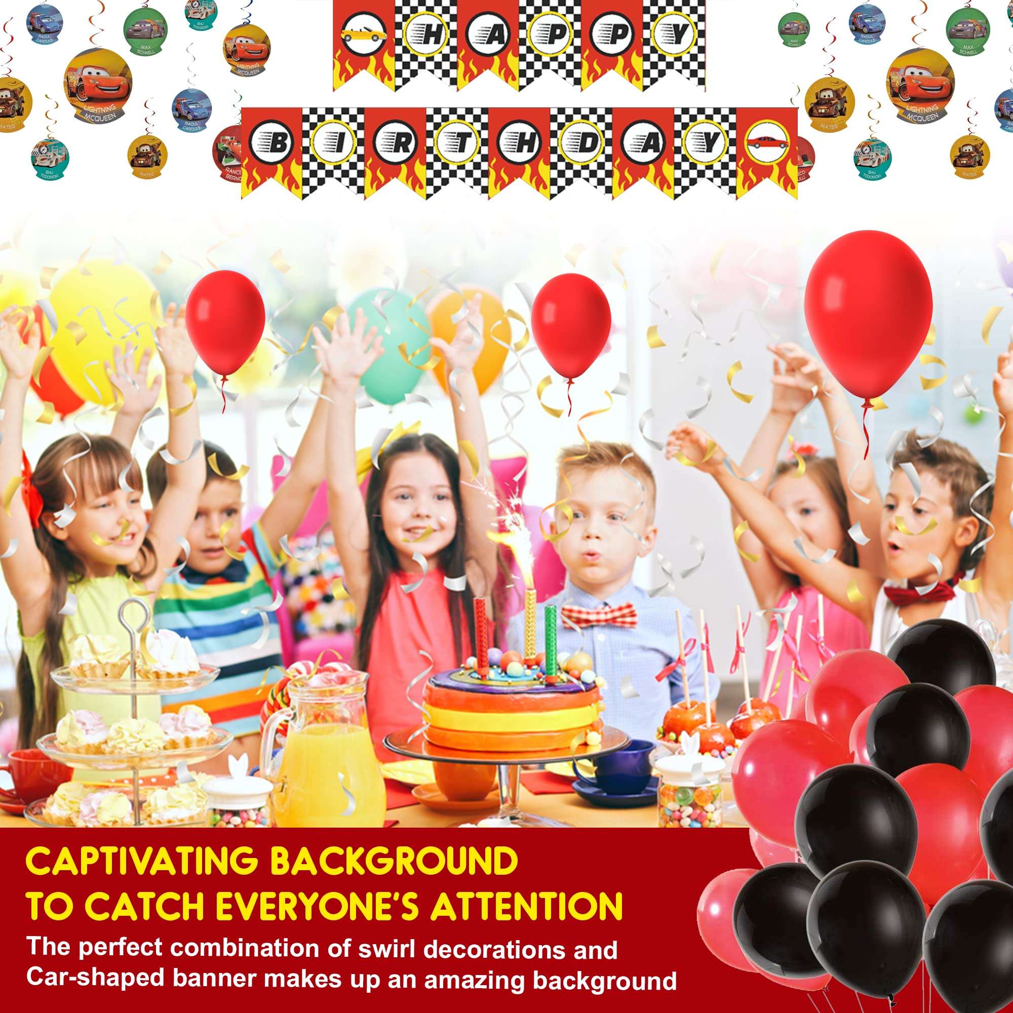 WP WANNA PARTY Cars Theme Birthday Decoration Combo, Race Car Birthday Decorations for Boys-Cars Birthday Banner,Cars Swirl Decoration,Cars Candle and Red and Black Balloons- Pack of 34 Party Props 4