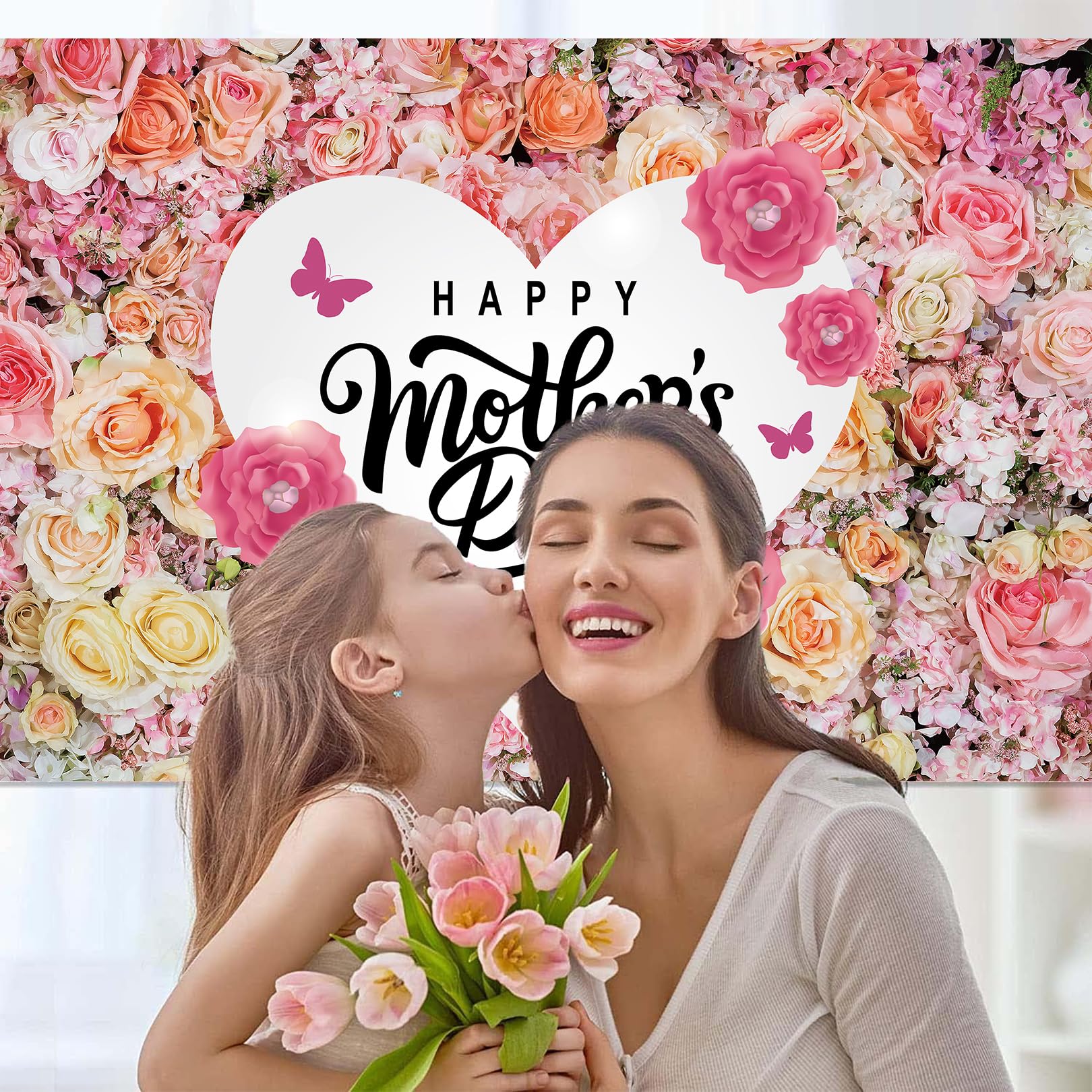 Happy Mothers Day Banner Pink Flower Backdrop for Mother’s Day Party Decorations, 71 x 43 Inch 4