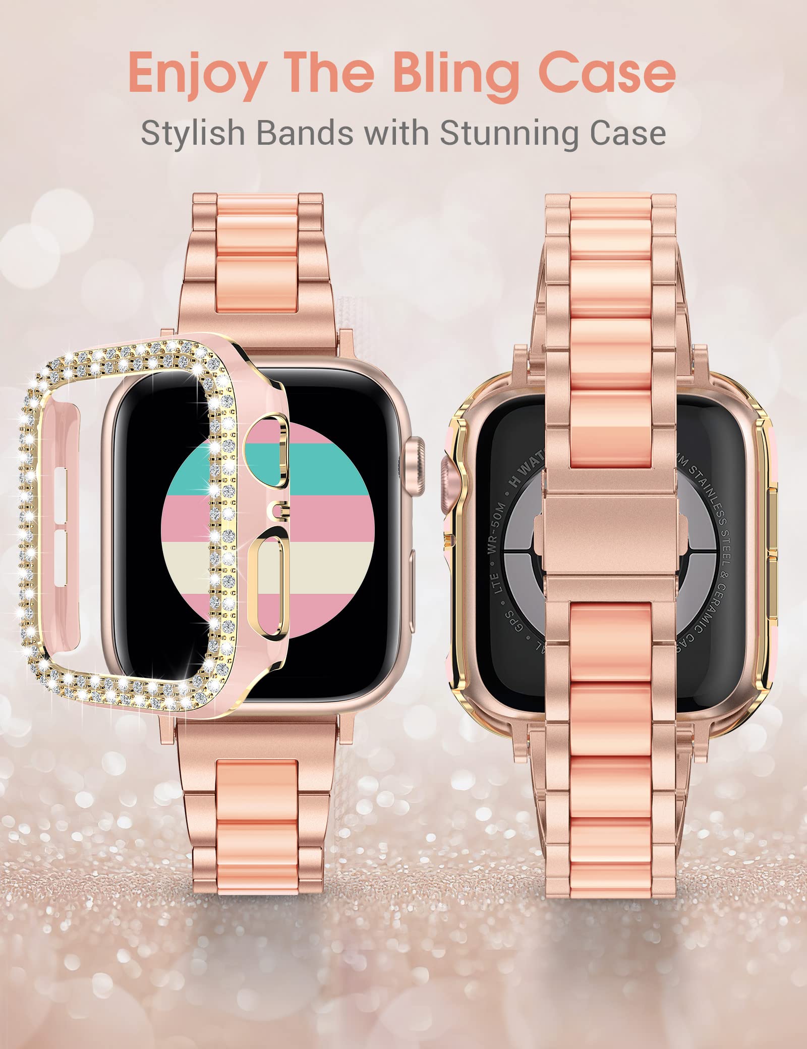 Wearlizer Compatible with Apple Watch Band 44mm/45mm with Case Upgraded Resin Metal Band Stainless Steel Buckle with Bling Crystal Rhinestone Cover for iWatch Series SE/7/6/5/4(Gold+Gold) 3