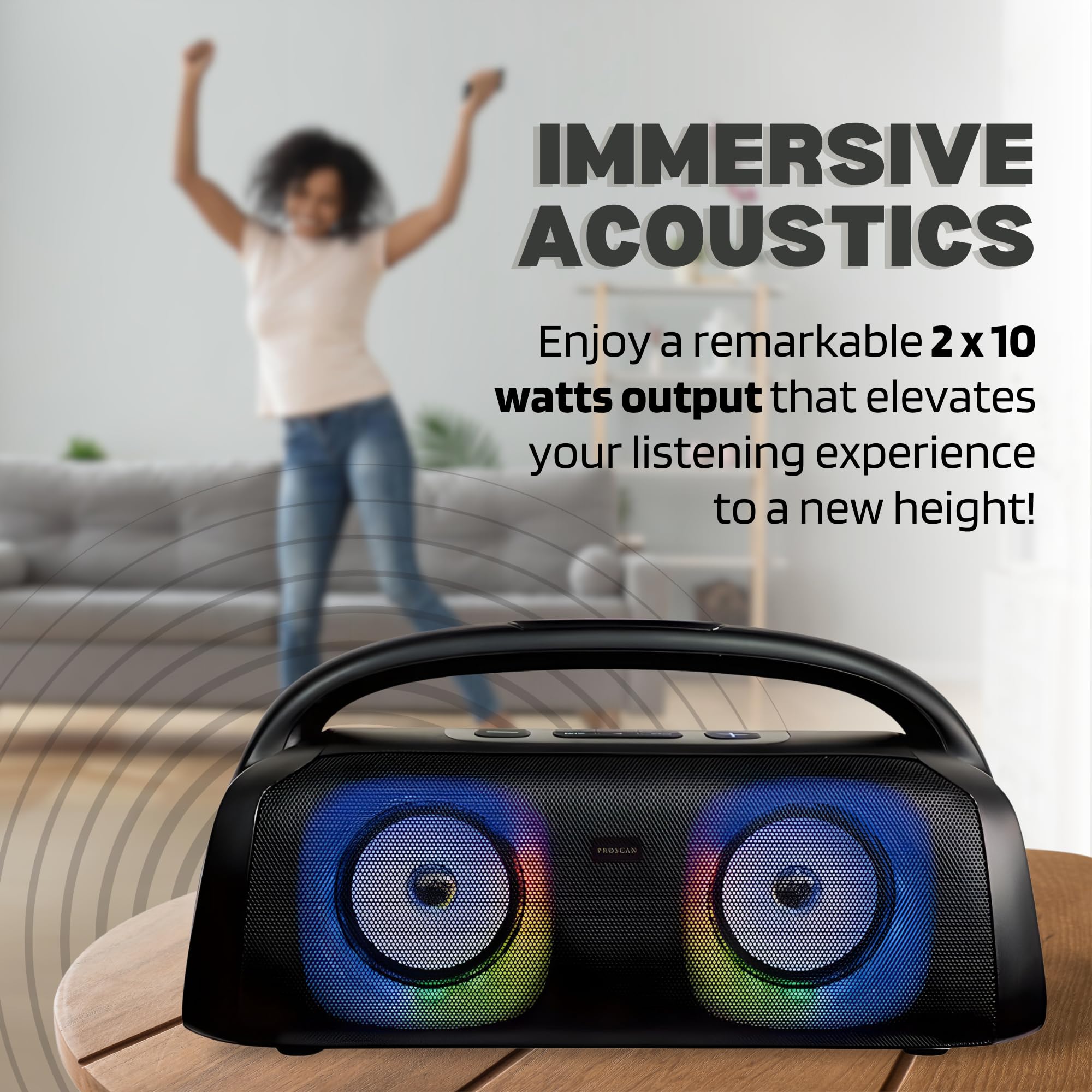 PROSCAN Portable Bluetooth Speaker, TWS LED Light Up, Portable Boombox with Blueooth 3