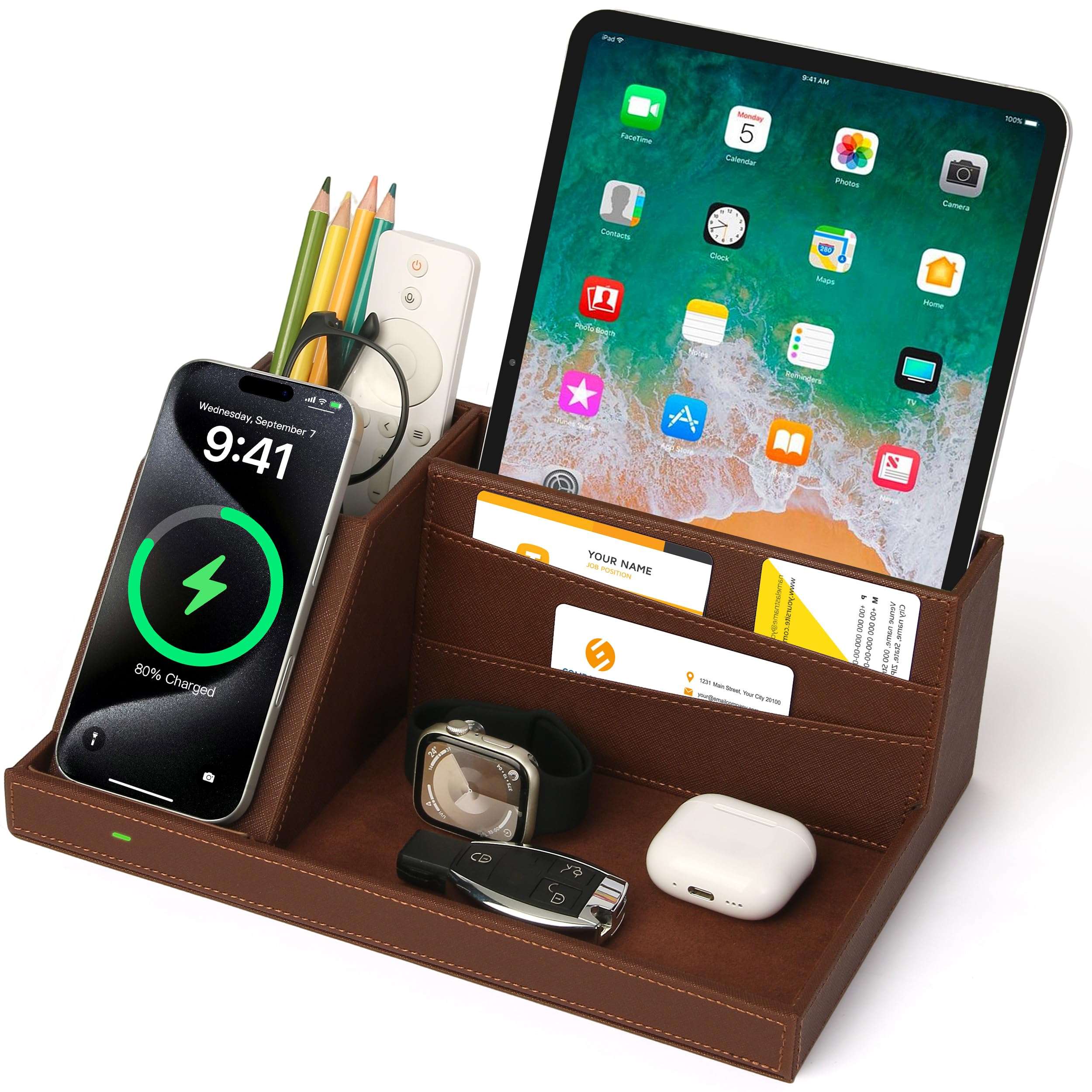 Fast Wireless Charging Station with Desk Organizer for iPhone 17/16/15/15 Pro/14/14 Pro Max/14 Pro/14 Plus/13/13 Pro Max/13 Pro/and iPhone 12/11 Series, Nightstand Desktop Organizer, Brown 1