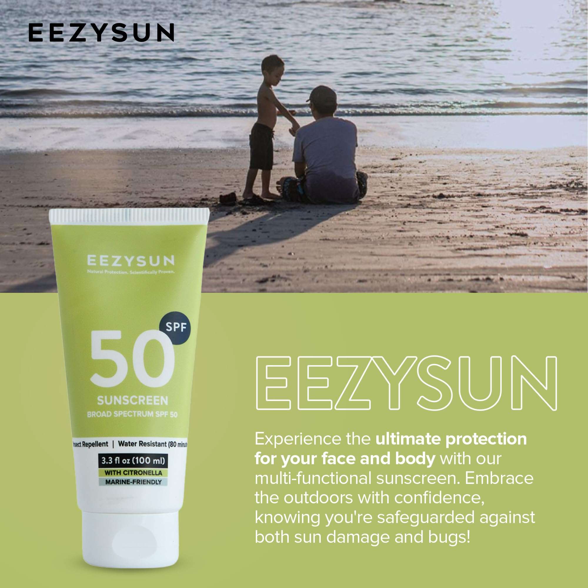 EEZYSUN SPF 50 Sunscreen and Insect Repellent - Water-Resistant Sunscreen Travel Size & Bug Repellent with Citronella Oil, Lemongrass, and Neem Oil - Reef-Safe Bug Repellent Outdoor - 3.3 fl oz 6