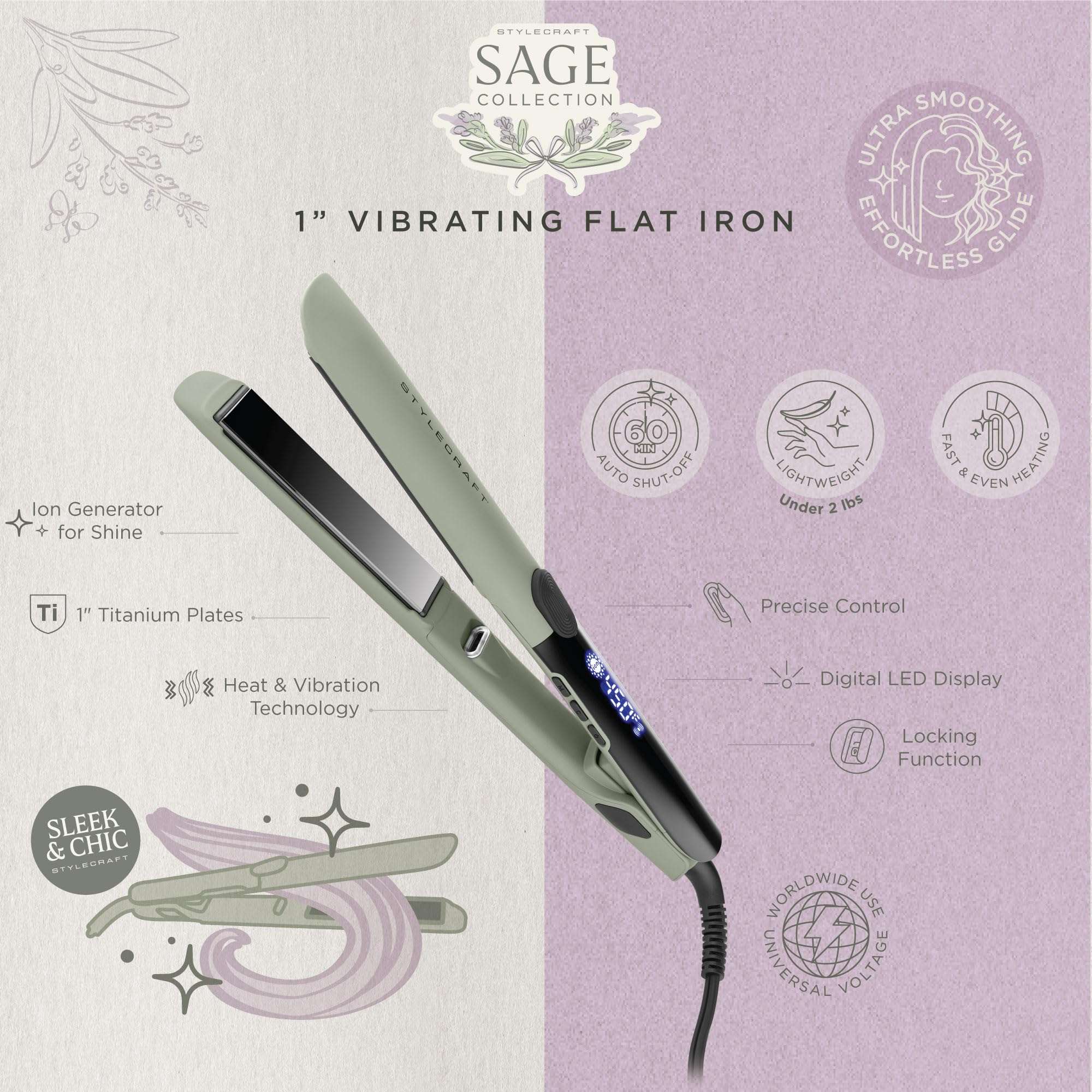 StyleCraft Sage – Professional Smooth Gliding Vibrating 1”-Inch Keratin Sealing Flat Iron with Titanium Plates and LED Display for Silky Smooth Hair 4