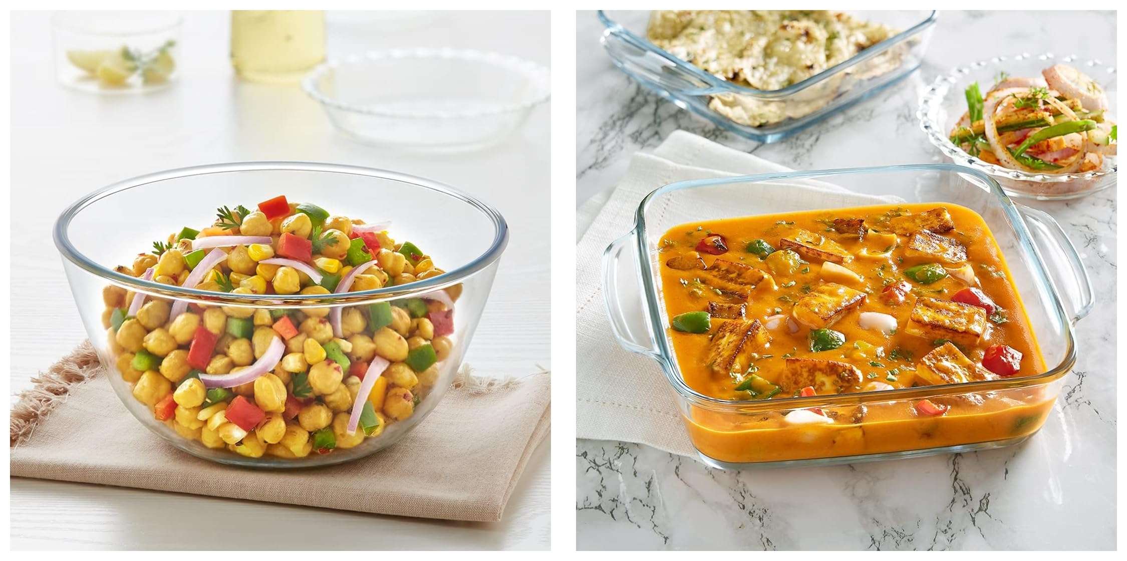 Borosil Glass Mixing & Serving Bowl, Oven & Microwave Safe Bowl, 3.5 L, Borosilicate Glass, Clear & Borosil Glass Baking Dish, 1.6 L, Transparent, 1 Piece Square Dish with Handle 1